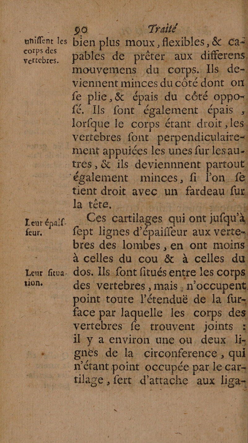 corps des vertebres. I eur épaif- feur. Leur fitua-. tion. pables de prêter, aux differens, viennent minces du côté dont ont. fe plie, &amp; épais du cèté OPPO+ {é. Ils font également épais s lorfque le corps étant droit, les. vertebres font perpendiculaires ment appuis les unes fur lesau- tient droit avec un fardeau: fur, la tête. # Ces cartilages q qui ont Mmes fept lignes d’ épaifleur aux verteh bres des lombes ,en ont moins à celles du cou. &amp; à celles du. dos. Ils font fitués entre les corps des vertebres ,mais,n ‘occupent point toute lé ‘tenduë de la furs face par laquelle les corps des il y a environ une ou deux li gnès de la circonference , qui tilage , fert d'attache aux liga-