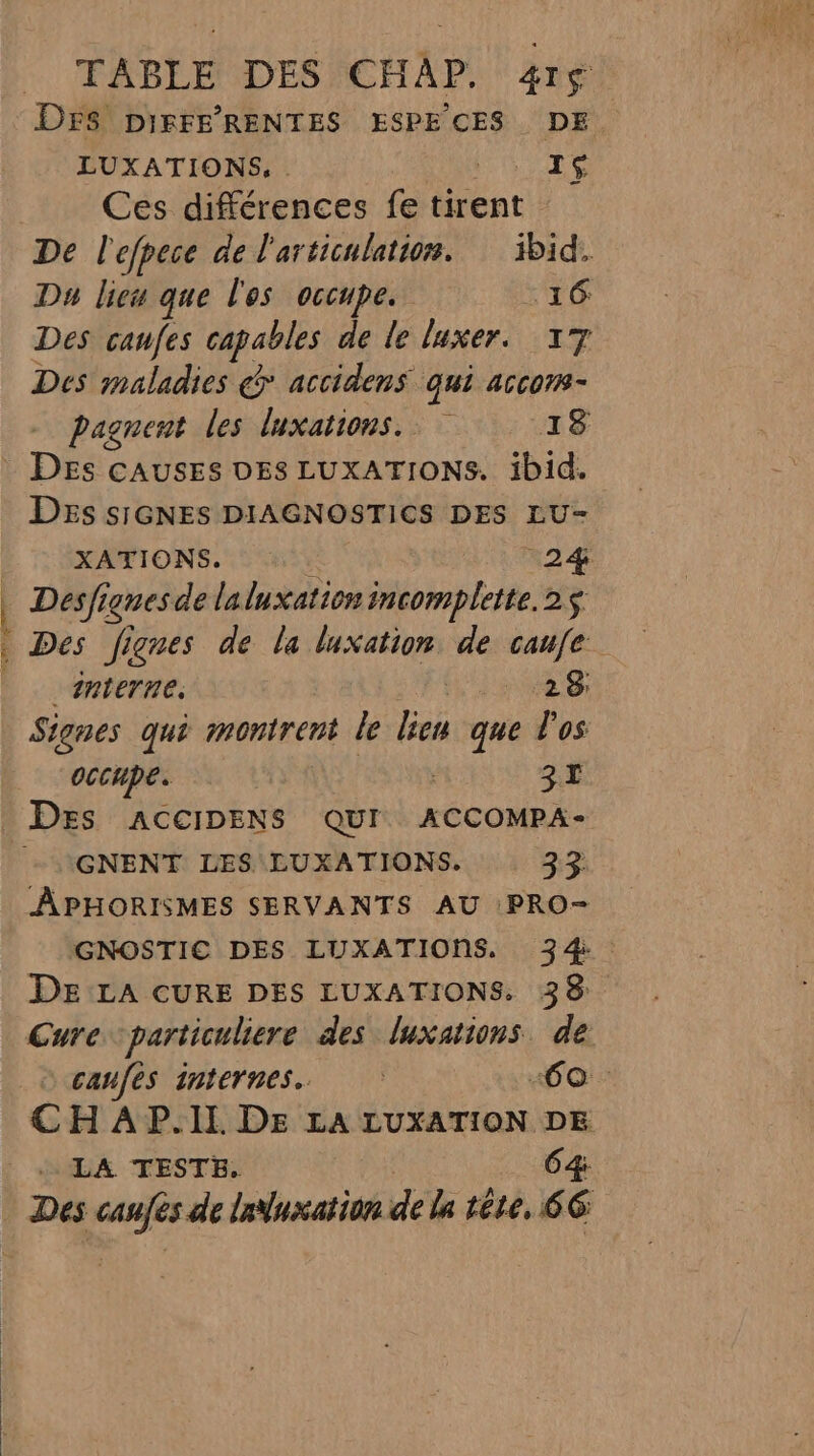 TABLE DES CHAP. 416 DFr8 DIFFERENTES ESPECES DE LUXATIONS, RES Ces différences fe tirent De l'efpece de l'articulation. ibid. Ds lieu que l'es occupe. 16 Des caufes capables de le luxer. 37 Des maladies € accidens qui accors- pagnent les luxations. 18 ui 5. np) sl Des s1GNES DIAGNOSTICS DES LU- XATIONS. : 24 Desfignes de laluxation incomplette.2$ Des Jignes de la luxation de caufe Interne. | 28: Signes qui montrent le lien que l'os occhpe. | ah GNENT LES LUXATIONS. 33 ÂAPHORISMES SERVANTS AU :PRO- Cure: particuliere des luxations de LA TESTE. 64