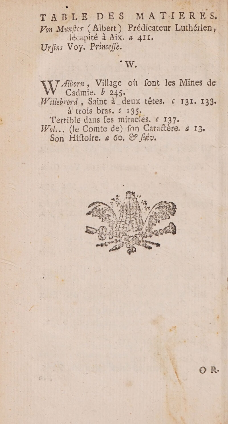 PPETR TABLE DES MATIERES Von Munfler (Albert ) Prédicateur DRE décapité à AÏX, 4 4II. Urfins Voy. Prince]. EW. Alborn , Village où font les Mines de Cadmie. b 245. Willebrord , Saint à deux têtes, c ABts 133 À trois bras. c 135. Terrible dans fes miracles. « 137. Wol... (le Comte de) fon Carattére, 4 13, Son Hiftoire., a 60, €? ue