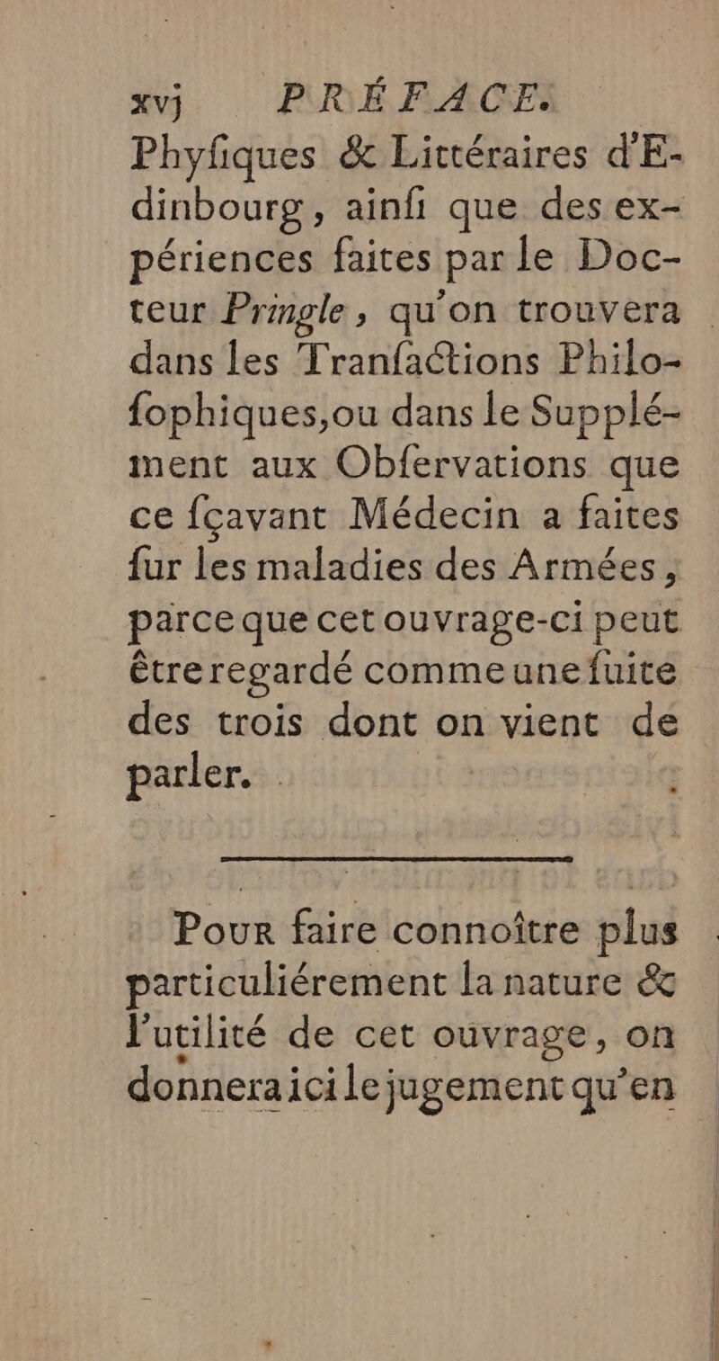 Phyfiques &amp; Littéraires d'E- périences faites par le Doc- teur Pringle, qu'on trouvera dans les Tranfactions Philo- fophiques,ou dans le Supplé- ment aux Obfervations que ce fçavant Médecin a faites fur les maladies des Armées, êtreregardé commeune fuite des trois dont on vient de parler. | | Pour faire connoître plus particuliérement la nature &amp; l'utilité de cet ouvrage, on 8 donneraicilejugement qu’en aACAIE)] } — —— —