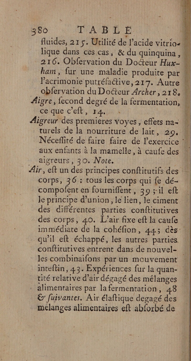 + BEO 1 MPOAeB QE} | fluides, 21 5. Utilité de l'acide vitrios lique dans ces cas, & du quinquina , 216. Obfervation du Docteur Hux- ham, fur une maladie produite par M lacrimonie putréfa@ive,217. Autre M obfervation du Docteur Archer, 218, Aigre, fecond degré de la fermentation, Ceque C'elt, r4ipus s | Aigreur des premieres voyes, effets ma= turels de la nourriture de lait, 29. w Néceffité de faire faire de l'exercice aux enfants à la mamelle, à caufe des ” aigreurs, 30. Note. 4 Air, eft un des principes conftitutifs des corps, 36 : tous les corps qui fe dé- compofent en fourniflent, 30 ;:il eft Je principe d'union, le lien, le ciment des différentes parties conftitutives des corps, 40. L'air fixeeft la caufe à immédiate de la cohéfion, 445 dès qu'il eft échappé, les autres parties. conftirutives entrent dans de nouvel- les combinaifons par un mouvement inteflin, 43. Expériences fur la quan- tité relative d’air dégagé des mélanges alimentaires par la fermentation, 48 € fuivantes. Air élaftique degagé des mélanges alimentaires eft ab{orbé de