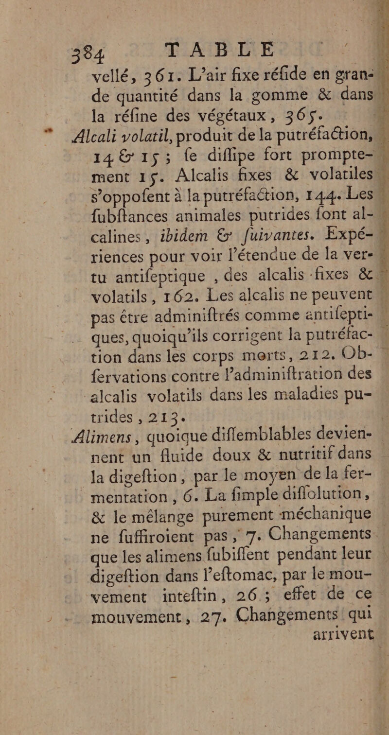 vellé, 361. L'air fixe réfide en gran-u de quantité dans la gomme &amp; dans” la réfine des végétaux, 365. M Alcali volatil, produit de la putréfaction, 14 &amp; 15; fe diflipe fort prompte= ment 15. Alcalis fixes &amp; volatiles _s’oppofent à la putréfaétion, 144 Les fubftances animales putrides font al- calines, ibidem &amp; [uivantes. Expé- riences pour voir l'étendue de la ver- tu antifeprique , des alcalis fixes &amp;c volatils, 162. Les alcalis ne peuvent pas étre adminiftrés comme antifepti- ques, quoiqu’ils corrigent la putréfac- tion dans les corps morts, 212. Ob- fervations contre l’adminiftration des ‘alcalis volatils dans les maladies pu- trides , 213. | Alimens, quoique diflemblables devien- nent un fluide doux &amp; nutritif dans la digeftion, par le moyen de la fer- mentation , 6. La fimple diflolution, &amp; le mélange purement méchanique ne fuffiroient pas, 7. Changements que les alimens fubiffent pendant leur . digeftion dans l’eftomac, par le mou- vement inteftin, 26; effet de ce. mouvement, 27. Changements! qui arrivent PTE ARR 2 M + + ha, 4. dite nl rie 2: