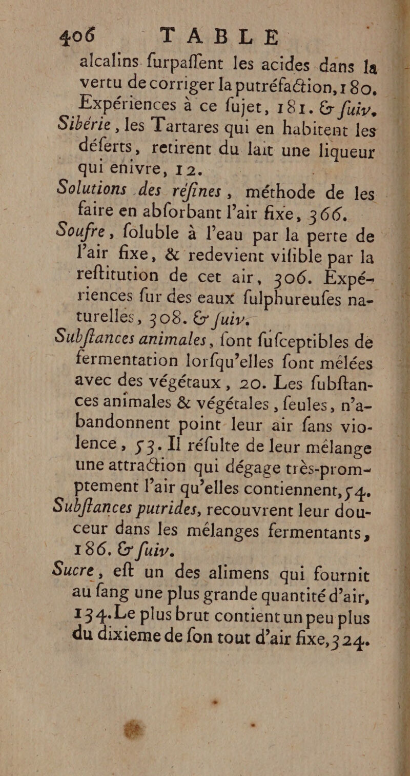 vertu de corriger la putréfa@ion, 1 80, Expériences à ce fujet, 18r. &amp; fuiv, Sibérie , les Tartares qui en habitent les déferts, retirent du lait une liqueur quienivre, 12. faire en abforbant l’air fixe, 366. l'air fixe, &amp; redevient vilible par la reflitution de cet air, 306. Expé- riences fur des eaux fulphureufes na- turelles, 308. &amp; juiv. Subflances animales, font fufceptibles de avec des végétaux, 20. Les fubftan- ces animales &amp; végétales , feules, n’a- bandonnent point leur air fans vio- Jence, 53. Il réfulte de leur mélange une attraction qui dégage très-prom- ptement l’air qu’elles contiennent, 4 Subffances putrides, recouvrent leur dou- ceur dans les mélanges fermentants, 186. &amp; fuiv. Sucre, eft un des alimens qui fournit au fang une plus grande quantité d’air, 134. Le plus brut contientun peu plus du dixieme de fon tout d’air fixe, ga4, ” ne. à 2 HE Ta 2 A AR PTE. = CR TES ON RTE EU 3 - PR == eh re cr À