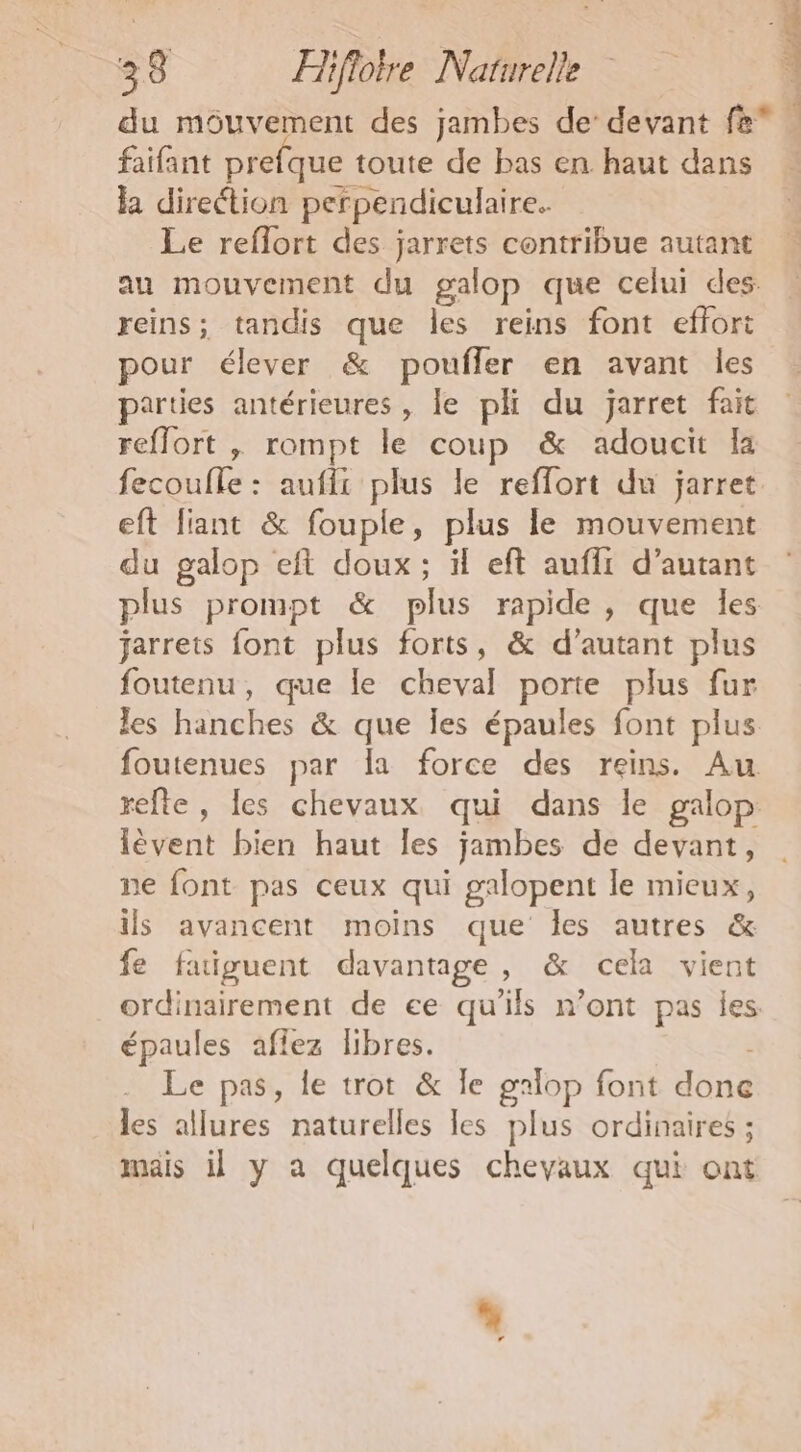 faifant prefque toute de bas en haut dans la direction perpendiculaire. Le reflort des jarrets contribue autant reins; tandis que les reins font effort pour élever &amp; poufler en avant les parties antérieures , le pli du jarret fait reflort , rompt le coup &amp; adoucit Ia fecoufle : aufir plus le reflort du jarret eft liant &amp; fouple, plus le mouvement du galop eft doux; ül eft aufii d’autant jarrets font plus forts, &amp; d'autant plus foutenu, que le cheval porte plus fur les hanches &amp; que Îes épaules font plus lèvent bien haut les jambes de devant, ne font pas ceux qui galopent le mieux, ils avancent moins que les autres &amp; fe fuiguent davantage, &amp; cela vient épaules aflez libres. à Le pas, le trot &amp; Île galop font done les allures naturelles les plus ordinaires ; mais il y a quelques chevaux qui ont 4 à