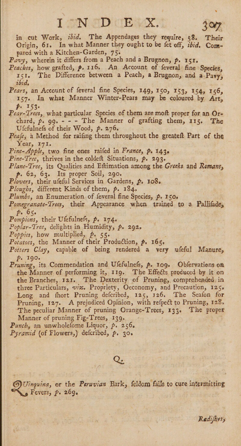 IN SD CEE. 3087 in cut Work, zdid. The Appendages they require, 58, Their Origin, 61, In what Manner they ought to be fet off, :bid. Com- pared with a Kitchen-Garden, 75. 3 Pavy, wherein it differs from a Peach and a Brugnon, p. 151. Peaches, how grafted, p.116. An Account of feveral fine Species, 151. The Difference between a Peach, a Brugnon, and a-Pavy, ibid, Pears, an Account of feveral fine Species, 149, 150, 153, 154, 156, 157. In what Manner Winter-Pears may be coloured by Art, pe 153: Pear-Trees, what particular Species of them are moft proper for an Or- chard, p, 99. - - - The Manner of grafting them, 115. The Ufefulnefs of their Wood, p. 276. Peafe, à Method for raifing them throughout the greateft Part of the Year, 171. | Pine- Apple, two fine ones raifed in France, p. 143e Pine-Tree, thrives in the coldeft Situations, ~. 293. Plane-Tree, its Qualities and Eftimation among the Greeks. and Romans, p. 62, 63. Its proper Soil, 290. Plovers, their ufeful Services in Gardens, ~, 108. Ploughs, different Kinds of them, p. 184. | Plumbs, an Enumeration. of feveral fine Species, p. 150. | Pomegranate-Trees, their Appearance when trained to a Pallifade, fp. 65. | Pompions, their Ufefulnefs, f. 174. Poplar-Tree, delights in Humidity, p. 292. Poppies, how multiplied, £. 55. Potatoes, the Manner of their Production, p. 165, Potters Clay, capable of being rendered a very ufeful Manure, p. 190. Pruning, its Commendation and Ufefulnefs, p. 109. Obfervations on the Manner of performing it, 119. The Effects produced by it on the Branches, 121. The Dexterity of Pruning, comprehended, in three Particulars, w/z. Propriety, Oeconomy, and Precaution, 125. Long and fhort Pruning defcribed, 125, 126. The Seafon for Pruning, 127. A prejudiced Opinion, with refpet to Pruning, 128. The peculiar Manner of pruning Orange-Trees, 133. ‘The proper Manner of pruning Fig-Trees, 139, : ‘ Punch, an unwholefome Liquor, p. 256, Pyramid (of Flowers,) defcribed, p, 30. Q: 5) Uinguina, or the Peruvian Bark, feldom fails to cure intermitting Fevers, p. 269. Radifhes;