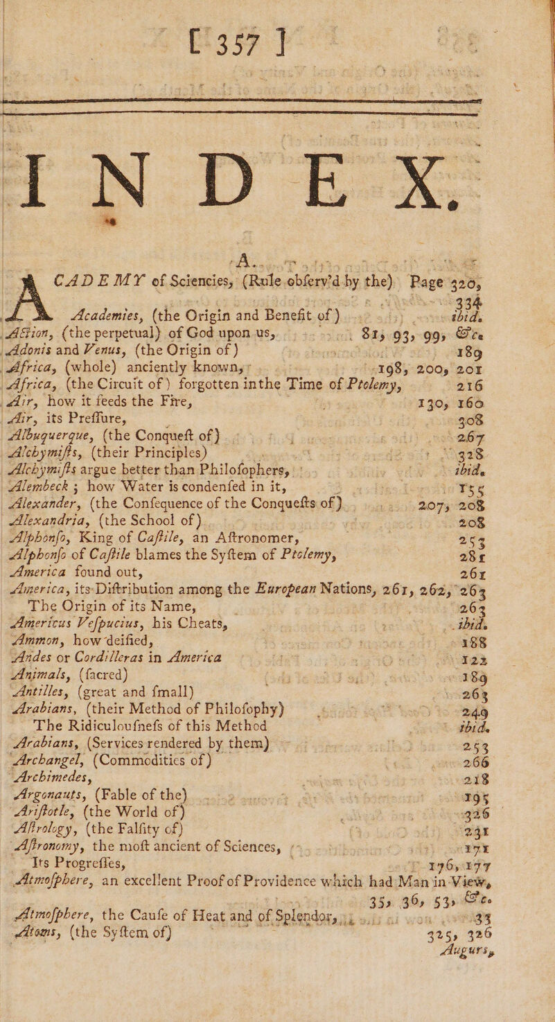 SRE INDEX. | A. Fin Pus + | CADE MT of Sciencies, (Rule. oblerv’d by the Pace 4205 A Rg’ 334 | on (the Origin and Benefit Sie reads} costa PER (the perpetual) of God upon us, . 82, 93» 995 Gee Adonis and Venus, (the Origin of ) 8 a9 189 Africa, (whole) anciently known,+ 108; 2005 207 | Africa, (the Circuit of) forgotten inthe Time of Prelemy, 216 | dir, how it feeds the Fire, 130, 160 Air, its Preffure, 308 Albuquerque, (the Conqueft of}. : 5 267 lchymifts, (their Principles) Sas (Baty 4928 Alchymifts argue better than Philofophers, : ty and, Alembeck ; how Water is condenfed in it, rea f ia Pee Ulexander, (the Confequence of the Conquefts of)... 207; 208 Alexandria, (the School of) : Alpbonfo, King of Caffile, an Aftronomer, : 253 Alpbonfo of Caftile blames the Syftem of Pic/emy, 285£ America found out, 267 imerica, its-Diftribution among the European Nations, 261, 262, 26 3 The Origin of its Name, d 263 Americus Vefpucius, his Cheats, ? ibid. Ammon, how deified, fF Highs) » 188 Andes or Cordilleras in America 1 40 ee 123% Animals, (facred) 189 Antilles, (great and fmall) 263 Arabians, (their Method of Philofophy) Baie te bal 24.9 The Ridiculoufnefs of this Method © tid. Arabians, (Services rendered by them) 1e 263 ‘Archangel, (Commodities of) 266 “Archimedes, eR 218 Argonauts, (Fable of the) 195 Ariffotle, (the World of) 326 Affrology, (the Falfity of) 24% “Affronomy, the moft ancient of Sciences, ? 171 - Its Progreffes, : 276, 177 Atmofpbere, an excellent Proof of Providence which had Man in View, 35» 36 53 oe Almofphere, the Caufe of Heat and of ‘Splendor, th wilt ai Atoms, (the Sy fem of) “325, an Augursy