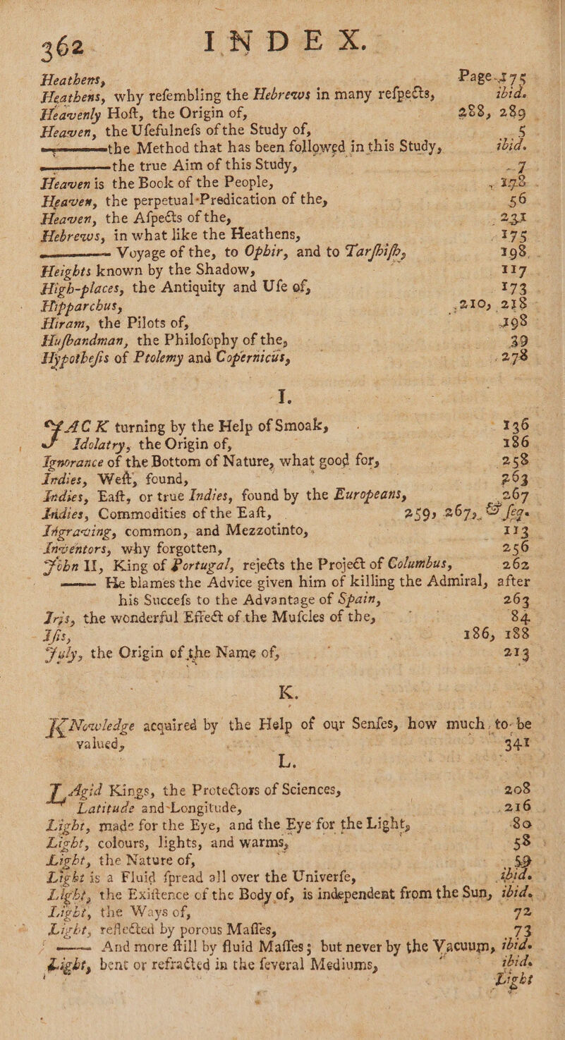 sé ee Ligh, the Exittence of the Body of, is independent from the Sun, ibid. Light, the Ways of, ; | 72 Light, refeéted by porous Mafies, | sight, bent or refracted in the feveral Mediums, ibide aa ' 3 ae bight # Heathens, ) Page.r7s Heathens, why refembling the Hebrews in many refpects, ibid. Heavenly Hof, the Origin of, | 288, 289 | Heaven, the Ufefulnefs of the Study of, iz the Method that has been followed in this Study, ibid. : the true Aim of this Study, 3, ‘ued Heaven is the Book of the People, 178. . Heavew, the perpetual-Predication of the, 56 Heaven, the Afpeëts of the, LU ARE Hebrews, in what like the Heathens, Po ie Voyage of the, to Opbir, and to Tar/bifh, 198. . Heights known by the Shadow, ous . 117 High-places, the Antiquity and Ufe of, : . 273% Hipparchus, :210; 218 - Hiram, the Pilots of, 198 Hufbandman, the Philofophy of the, eR Hypothefis of Ptolemy and Copernicus, <2 IS +e Pex Te K turning by the Help of Smoak, . 136 Idolatry, the Origin of, 186 Ignorance of the Bottom of Nature, what good for, 258 Indies, Weft, found, ee + te 793 Indies, Eaft, or true Indies, found by the Europeans, 267 : Jridies, Commodities of the Eaft, . 280 2675. &amp; fe. Ingraaing, common, and Mezzotinto, 132: inventors, why forgotten, PTT Fobn 1, King of Portugal, rejets the Project of Columbus, 262 meme He blames the Advice given him of killing the Admiral, after his Succefs to the Advantage of Spain, 263 Jris, the wonderful Effect of the Mufcles of the, Ris 84. - Ts, 186, 138 Fuly, the Origin of the Name of, ms 213 fi Nowledge acquired by the Help of our Senfes, how much. to-be : valued, ae WE 2 Senge : L. 5 Led Kings, the Protectors of Sciences, 208 Latitude and-Longitude, aa ,216 .; Light, made for the Eye, and the Eye for the Light, 80 Lizht, colours, lights, and warms, : 58 : Light, the Nature of, : 169 Light is a Fluid fpread a}! over the Univerfe, ibid...