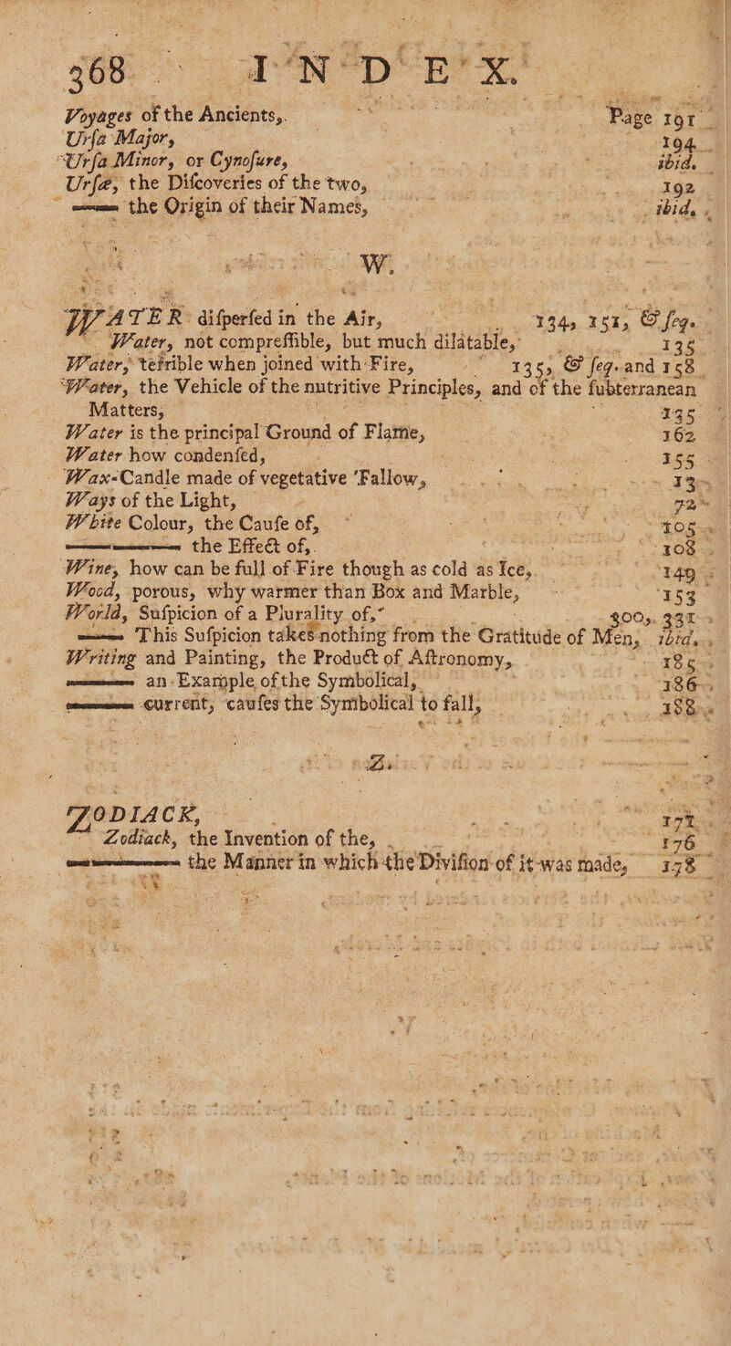 LR ue 3 4 n° “| 5 INDEX | Voyages of the Ancients,. Page 191 _ Urfa Major, , : © “Urfa Minor, or Cynofure, ; ' abid, — Urfæ, the Difcoveries of the two, ies la annem the Ong of their Names, oo sé kt Ait | hs wes TER difperfed i in the Air, 134s 161, Cha | Water, not compreffible, but ut sae rere | Water, tetrible when joined with Fire, = ; &amp; fegrand 1 158. “Water, the Vehicle of the nutritive Principles, as © the fubterranean Matters, Fe TO Water is the principal Ground of Flame, 162 Water how condenfed, ogee Fe Wax-Candle made of vegetative Fallows US es do Ways of the Light, | y FRE bite Colour, the Caufe of, ~ wot te EO gaa enone: the Effeét of,. a r !:308 Wine, how can be full of Fire though as cold as itch: 4 19 ee Oe Wocd, porous, why warmer than Box and Marble, 253 World, Sufpicion of a Plurality of,” $005. 93T » —— This Sufpicion takes nothing from the Gratitude of Men. ibids . Writing and Painting, the Produtt of Aftronomy, 186 mm an Example of the Symbolical, te isa : current, caufes the Symbolical to fall, ie a a HSE JODIACK, Lee rc IITs * Zodiack, the Invention of the, | | “176 À en the Manner in which the Divifon of j itm Was ee 178 0 : ty ras Bs 45