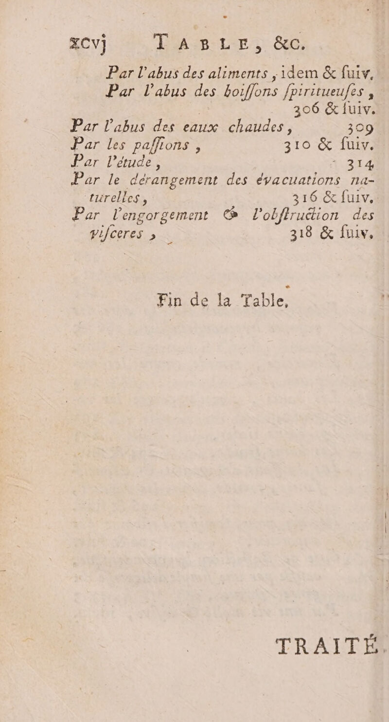 Rev). 2, TR LSr 6: Par l'abus des aliments , idem &amp; fuiv, Par l'abus des boiffons fpiritueufes , | 306 &amp; fuiv. Par l'abus des eaux chaudes, 309 Par Les paffions , 310 &amp; fuiv. Par l'étude, 2374 Par le dérangement des évacuations na- turelles, 316 &amp; fuiv, Par l’engorgement © l'obffruction des pifceres &gt; 318 &amp; fui, Fin de la Table, TRAITÉ,.