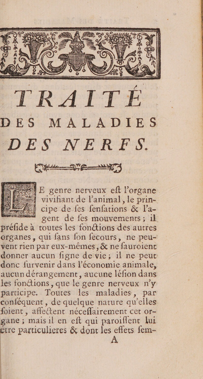 LEAPTEÉ DES MALADIES DES NERFS. CE SE genre nerveux eft organe. À vivinant de l'animal, le prin- cipe de fes fenfations &amp; l’a- gent de fes mouvements ; il brélide: à toutes les fonctions des autres erganes, qui fans fon fecours, ne peu- vent rien par eux-mêmes ,&amp; ne fauroient donner aucun figne de vie; il ne peut donc furvenir dans l’économie animale, aucun dérangement, aucune léfion dans les fonctions , que le genre nerveux n’y participe. Toutes les maladies, par conféquent , de quelque nature qu elles foient , affe@tent néceffairement cet or- gane ; mais il en eft qui paroiflent Lui Être particulieres &amp; dont les effets fem-