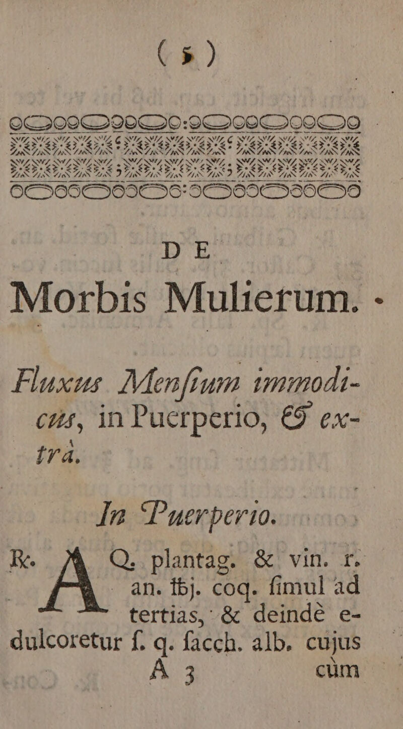 ( 9) QCOo0coOOOCOO:9COCOCOOOCOO SVPPL TCR ZNVERIZA RICE L4 LS LE Lx DS ^. Ld DAS: S LS yu x b Lk Lé PASS S Yuí SS SZ, SZ, SS, SZ aS Nw SV S p ZZ NV SA NVZ SEL NN LX LS DS LA P» 5 S 5n Yi 2 LS 2 LS LX S X v NS OC 3606€C3693€56:5C 3869€ 386€30 DE Morbis Mulierum. Fluxus. Menftum immodi- C44, in Pucrperio, €9 ex- tra. In *Puerper1o. ke. Q. plantag. &amp; vin. r. an. ibj. coq. fimul ad tertias, &amp; deindé e- dulcoretur f. q. facch. alb. cujus