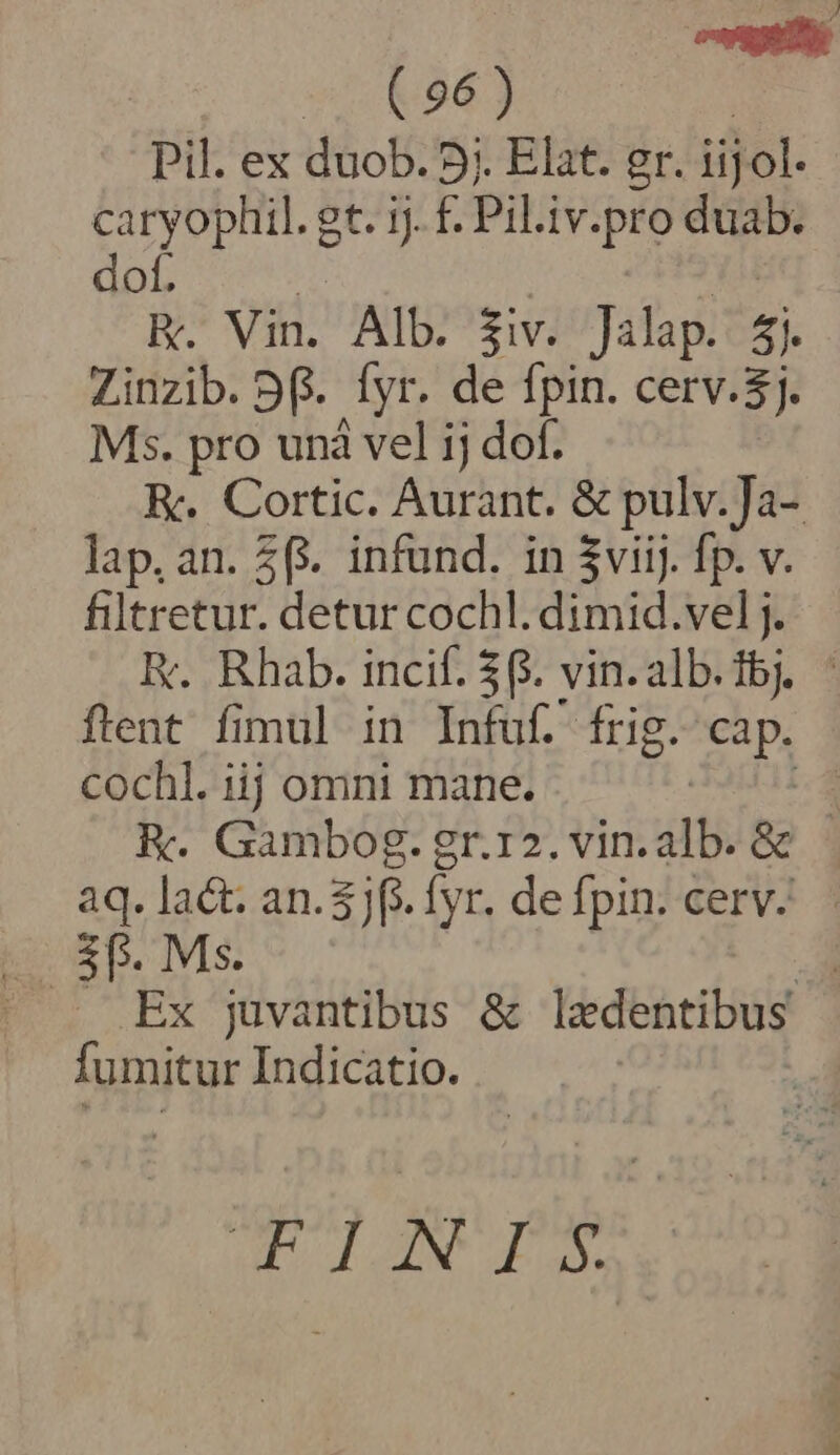 evigtitiy $5 N56J Pil. ex duob. 5;. Elat. gr. ij jol- caryophil. gt. ij. f. Pil.iv.pro duab. dof. of. i y K. Vin. Alb. $iv. Jalap. 5j Zinzib. Df. fyr. de fpin. cerv.$j. Ms. pro unà vel ij dof. R. Cortic. Aurant. &amp; pulv.Ja- lap, an. 5(&amp;. infund. in $viij. fp. v. filtretur. detur cochl. dimid.vel j. E. Rhab. incif. $6. vin.alb.ibj. ' flent fimul in Infuf. frig. cap. cochl. ijj omni mane. m K. Gambog; er.r2. vin. alb. &amp; aq. lact. an. )(4. fyr. de fpin. cerv.' Ex juvantibus &amp; Hé dtheibüg fumitur Indicatio. Pc AB Ptr ibn