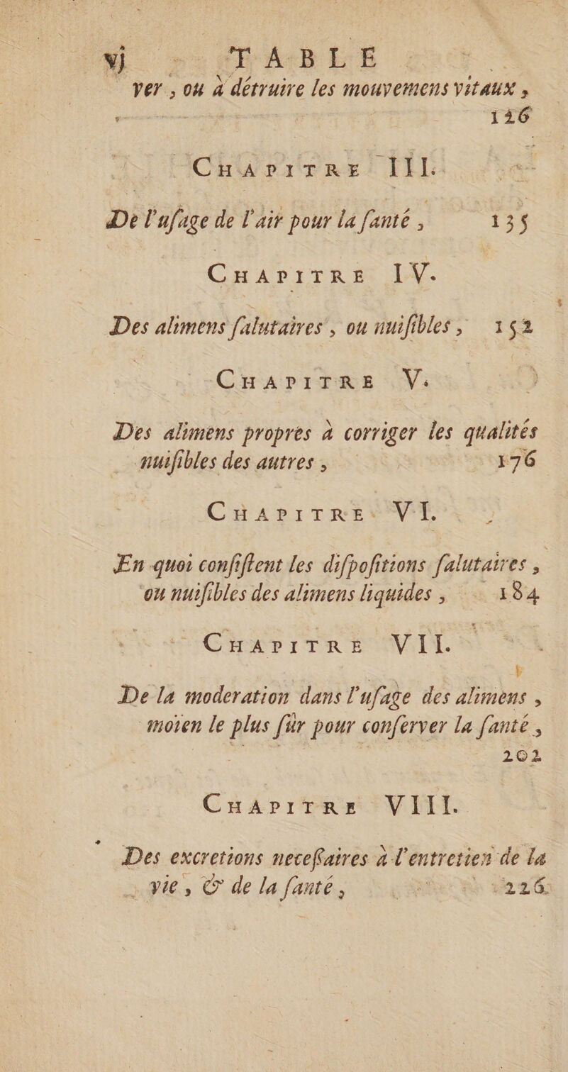 Or ABLE | Ver , oh à détruire les mouvemens VitAUX » F 1 16 CHAPITRE te De l'afage de l'air pour la f'anté , : 135 C HAPITRE IV. Des alimens falutaires, ou nuifibles, 1652 CHAPITRE V.: Des alimens propres à corriger les qualités muifibles des autres , 176 ’ CHAPITRE: V'T. ÆEn quoi confiffent les difpofitions falutaires | ou nuëfibles des alimens liquides , … 184 CHAPITRE OVIL | À : De la moderation dans l'ufage des alimens , ‘moten le plus für pour conferver la fanté, 202 CHapitrezs VIII. Des excretions necefaires à l'entretien de La “Pie, © de la fantés LR ré