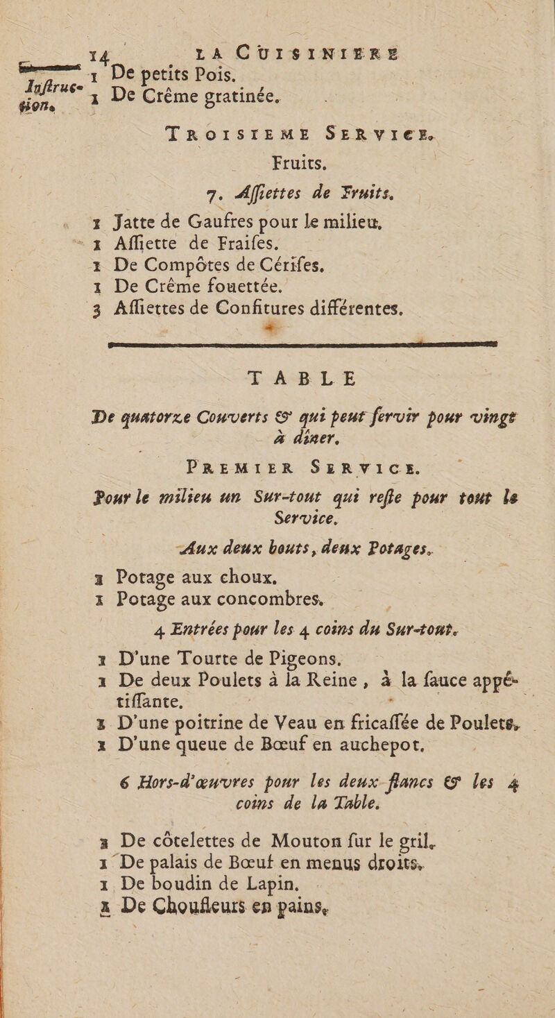 Infiruc- #one D 1 AD Di D Det bd LA CUISINIERE De Crême gratinée. TROISIEME SERVICE. Fruits. | 7. Affiettes de Fruits, Jatte de Gaufres pour le milieu, Aflette de Fraifes. De Compôtes de Cérifes, De Crême fouettée. Afliettes de Confitures différentes. é mm atlas T ABLE à diner. PREMIER SERVICS. x x [Bt Di ei 1 Service. Aux deux bouts, deux Potages, Potage aux choux. Potage aux concombres, ù 4 Entrées pour les 4 coins du Sur-tont. D'une Tourte de Pigeons. De deux Poulets à la Reine, à la fauce appé- tiflante. . | : D'une poitrine de Veau en fricaffée de Poulets, D'une queue de Bœuf en auchepot, 6 Hors-d'œurvres pour les deux flancs €&amp; les 4 coins de la Table. De côtelettes de Mouton fur le gril. De boudin de Lapin. De Choufleurs en pains,