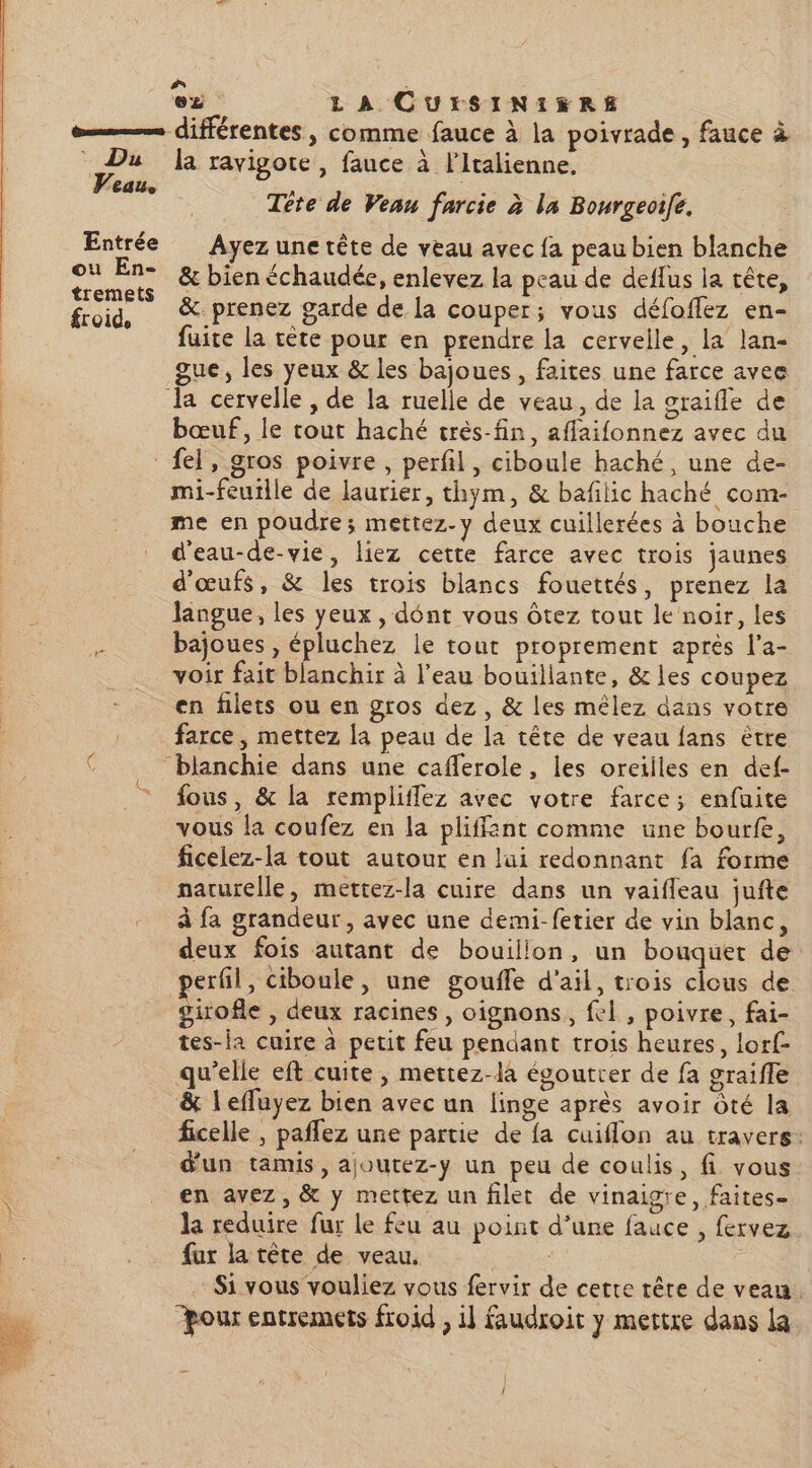 # à CE LA CUrSINIFRE s D 4 « A . $ œ———— différentes , comme fauce à la poivrade , fauce à Du la ravigote, fauce à l'italienne. Veau k ak Tête de Vean farcie à la Bonrgeoife. Entrée Ayez une tête de veau avec fa peau bien blanche ne Ne &amp; bien échaudée, enlevez la peau de deffus la tête, froid, %Prenez garde de la couper; vous défoffez en- fuite la tête pour en prendre la cervelle, la lan- gue, les yeux &amp; les bajoues, faites une farce avee bas. la cervelle , de la ruelle de veau, de la graifle de dise © bœuf, le tout haché très-fin, affaifonnez avec du fel, gros poivre, perfil , ciboule haché, une de- mi-feutlle de laurier, thym, &amp; bafilic haché com- me en poudre; mettez.y deux cuillerées à bouche d'eau-de-vie, liez cette farce avec trois jaunes d'œufs, &amp; les trois blancs fouettés, prenez la langue, les yeux, dént vous ôtez tout le noir, les : bajoues , épluchez le tout proprement après l’a- voir fait blanchir à l’eau bouillante, &amp; les coupez en filets ou en gros dez, &amp; les mêlez dans votre farce , mettez a peau de la tête de veau fans être blanchie dans une caflerole, les oretiles en def- fous, &amp; la rempliffez avec votre farce; enfuite vous la coufez en la pliffant comme une bourfe, ficelez-la tout autour en lui redonnant fa forme naturelle, mettez-la cuire dans un vaifleau jufte à fa grandeur, avec une demi-fetier de vin blanc, deux fois autant de bouilion, un bouquet de perfil, ciboule, une gouffe d'ail, trois clous de girofle , deux racines , oignons, fel, poivre, fai- tes-ia cuire à petit feu pendant trois heures, lorf- qu'elle eft cuite, mettez-la égoutter de fa graifle &amp; l'effuyez bien avec un linge après avoir Ôté la ficelle , paflez une partie de fa cuiflon au travers: dun tamis, ajoutez-y un peu de coulis, fi vous en avez, &amp; y mettez un filet de vinaigre, faites la reduire fur le feu au point d’une fauce , fervez. fur la tête de veau. Fe Si vous vouliez vous fervir de cette rêre de veau. “pour entremets froid , 1] faudroit y mettre dans la