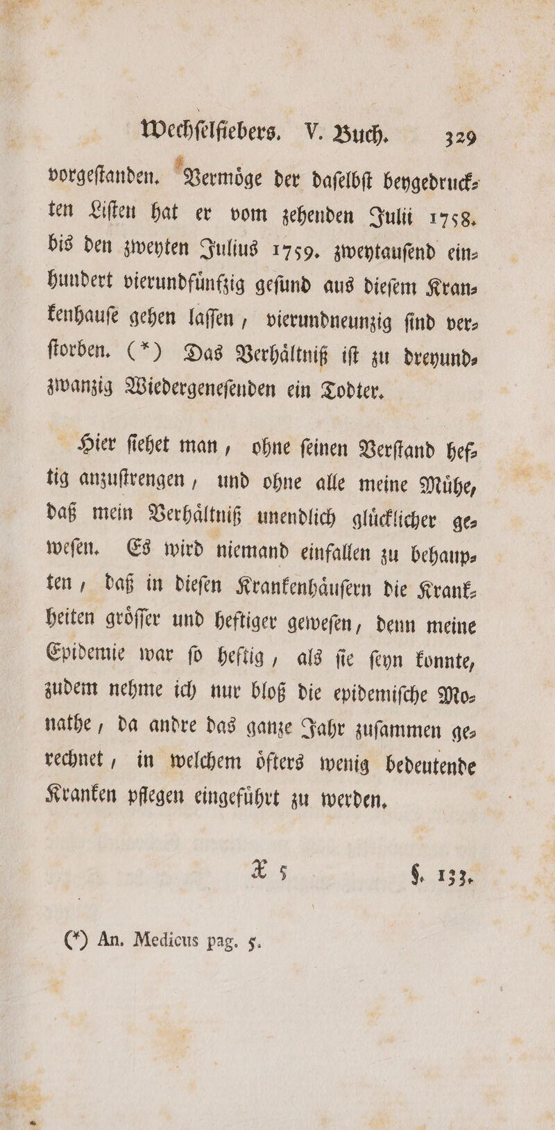 vorgeſtanden. Vermoͤge der daſelbſt beygedruck⸗ ten Liſten hat er vom zehenden Julii 1758. bis den zweyten Julius 1759. zweytauſend ein- hundert vierundfuͤntzig geſund aus dieſem Kran kenhauſe gehen laſſen, vierundneunzig find ver- ſtorben. (*) Das Verhaͤltniß iſt zu dreyund⸗ zwanzig Wiedergeneſenden ein Todter. Hier ſiehet man, ohne ſeinen Verſtand hef⸗ tig anzuſtrengen, und ohne alle meine Muͤhe, daß mein Verhaͤltniß unendlich gluͤcklicher ge⸗ weſen. Es wird niemand einfallen zu behaup— ten, daß in dieſen Krankenhaͤuſern die Krank— heiten groͤſſer und heftiger geweſen, denn meine Epidemie war ſo heftig, als ſie ſeyn konnte, zudem nehme ich nur bloß die epidemiſche Mo⸗ nathe, da andre das ganze Jahr zuſammen ge⸗ rechnet, in welchem oͤfters wenig bedeutende Kranken pflegen eingefuͤhrt zu werden. * 5 9. (*) An. Medicus pag. 5.