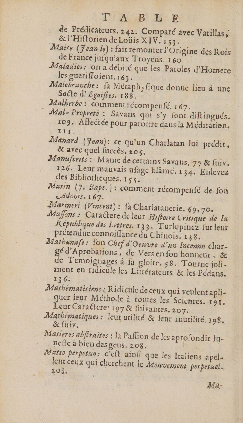 de Prédicateurs, 242. Comparé avec Varillas; &amp; l'Hiftorien deLoüis XIV. i 53. Maire (Fean le) : fait remonter l'Origine des Rois de France jufqu'aux Troyens. 160 Maladies: on a débité que les Paroles d'Homere les gueriffoient. 163. j Malebranche: fa Métaphyfique donne lieu à une Secte d' £goiffes. 188. Malherbe : comment récompenfé, 167. Âial- Propreté : Savans qu s'y font diftingués. 102. Affeétée pour paroitre dans la Médizatien. If. Manard (Jean): ce qu'un Charlatan lui prédit, &amp; avec quel fuccès. 105. Manufcrits : Manie de certains Savans, 77 &amp; fuiv. 126. Leur mauvais ufage blâmé. 1 34. Enlevez des Bibliotheques. 154. | Marin (7. Bapt.) : comment récompenfé de fon edldonis. 167. t 4Marineri. (Vincent) : fa Charlatanerie. 69,70. Mains : Caractere de leur Hiflome Critique de la République des Lettres, 133. Turlupinez fur leur prétendue conroiffance du Chinois. r 38. Mathanafe: lon Chef d'Oenvre d'un Inconnn char- £cd'Aprobations, de Versen fon honneur ; &amp; de Temoignages à fa cloire, $8. Tourne joli- ment en ridicule les Littérateurs &amp; les Pédans. 1536: Matbématiciens : Ridicule de ceux qui veulent apli- quer leur Méthode à toutes les Sciences. 191. Leur CaraCtere: 197 &amp; fuivantes. 207: Mashématiques : leur utilité &amp; leur inutilité. 198. &amp; fuiv. Matreres abfiraites : la Paffion de les aprofondir fu- nefte à bien desgeus. 208. EV Matto perpetuo: c'eft ainfi que les Italiens apel. lent ceux qui cherchent le AMonvement perpesael. 208: Ma-