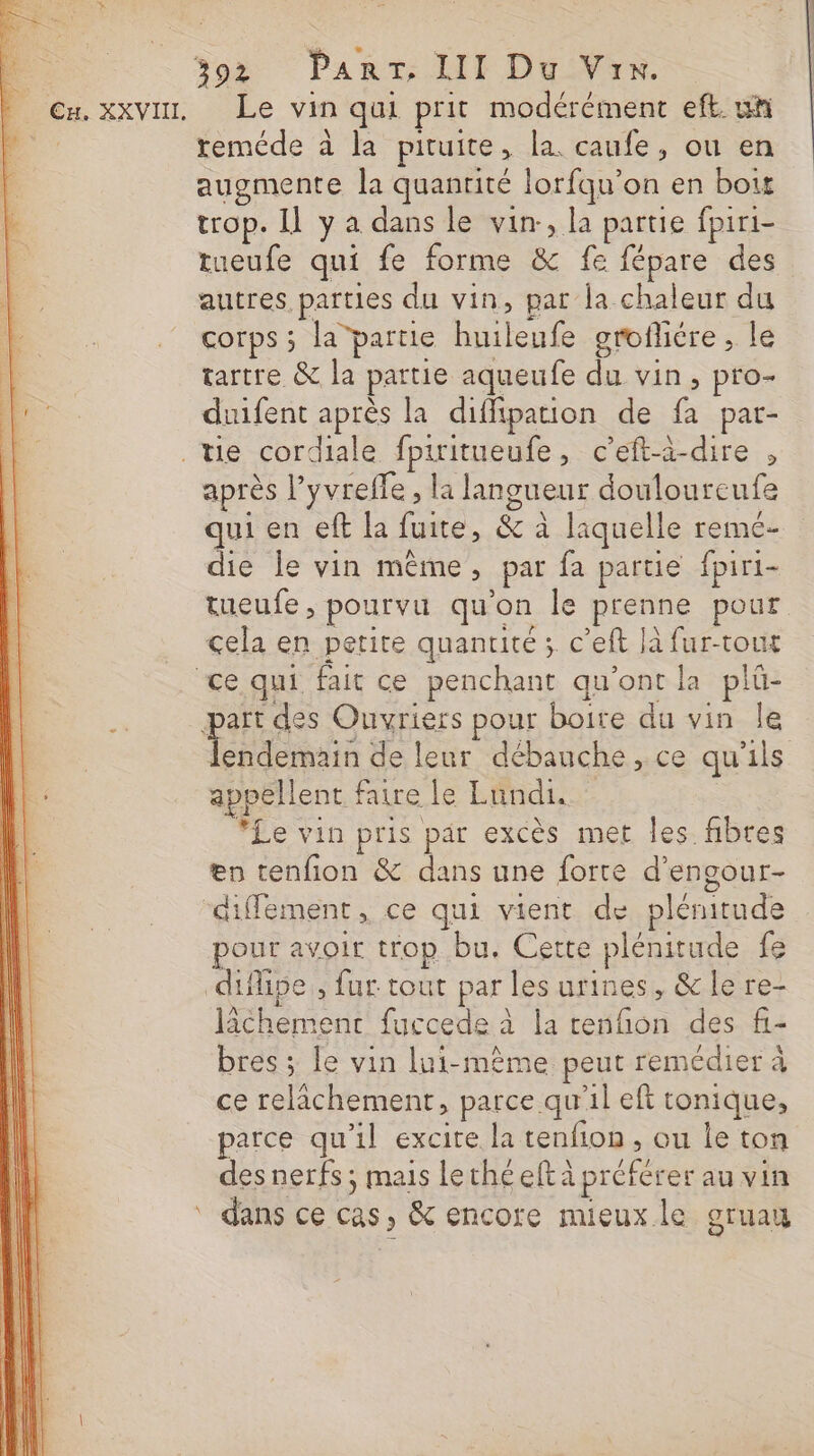 DU Cu. XXVIIL. _ 392 Part. LII Du Vix. Le vin qai prit modérément eft. un teméde à la pituite, la. caufe, ou en augmente la quantité lorfqu’on en boit trop. Il y a dans le vin, la partie fpiri- tueufe qui fe forme &amp; fe fépare des autres parties du vin, par la chaleur du corps ; la partie huileufe grofliére , le tartre &amp; la partie aqueufe du vin, pro- duifent après la diffipation de fa par- après l’yvreffe , la langueur douloureufe qui en eff la fuite, &amp; à laquelle remé- die le vin même, par fa partie fpiri- tueufe , pourvu qu'on le prenne pour cela en petite quantité x c’eft là fur-tout endermain de leur débauche, ce qu'ils appellent faire le Lundi. *Le vin pris par excès met les fibres en tenfion &amp; dans une forte d’engour- pour avOIt trop bu, Cette plénitude fe lichement fuccede à la renfñon des f.- bres ; le vin lui-même peut remédier à ce relachement, parce qu'il eft tonique, parce qu'il excite la tenfion , ou le ton des nerfs ; mais lechéeft à préférer au vin dans ce cas, &amp; encore mieux le gruau