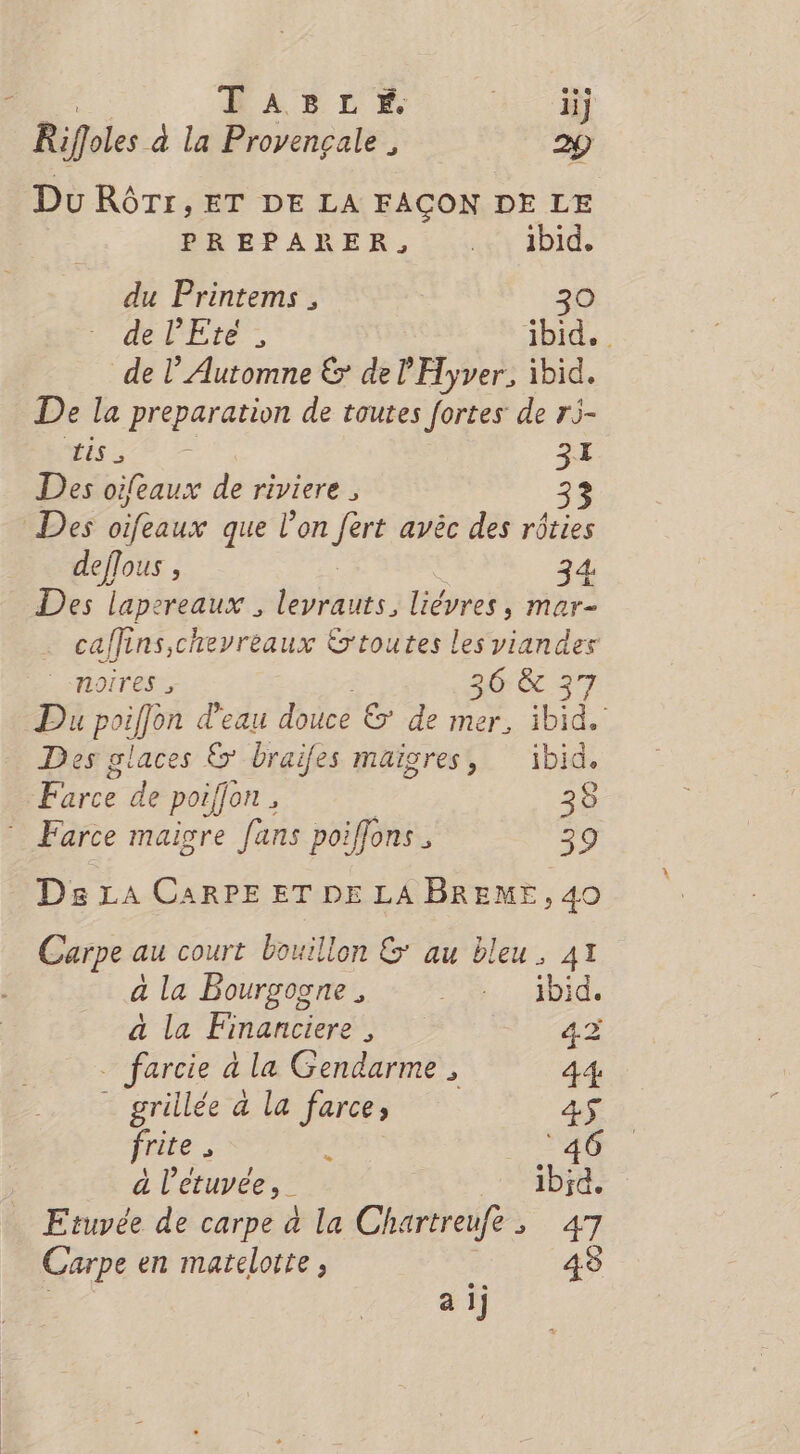 FiArsLr Ce Rifoles à la Provençale , 2 Du RôTr, ET DE LA FAÇON DE LE PRBPARER, 48 Ibid. du Printems , 30 de l'Eté , ibid. de l’ Automne &amp; de l'Hyver, ibid. De la preparation de toutes fortes de rj- Hs Es Des oifeaux de riviere , 33 Des oifeaux que l’on fert avéc des rôties deffous , 34 Des lapereaux leyrauts, liévres, mar- caffens, cheyreaux Étoutes Les res noires , 326 &amp; 37 Du poiffon d'eau ee © de mer, ibid. Des glaces &amp; Üraifes maigres, ibid. Farce de poiffon , 38 * Farce maigre fans poiffons 29 Dg LA CARPE ET DE LA BREME, 40 Carpe au court bouillon &amp; au bleu. 41 à la Bourgogne, Dé. Ibid. a la Financier , 4.2 _ farcie à la Gendarme ; 44 grillée a la farce, 4S frite, 2 46 à l’étuvée, ibid. Etuvée de carpe à la Chartreufe , 47 Carpe en marelotre, 48 a 1]