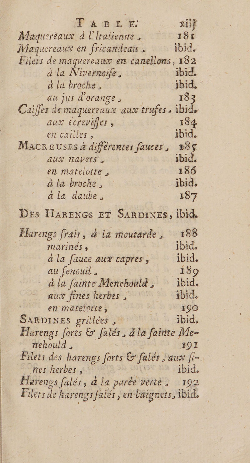 FTRGLE Xi Maquerèaux à l'Italienne , 18£ Maquereaux en fricandean , ibid. Filers de maquereaux er canellons, 182 à la Nivernoife, $ ibid, à la broche, ibid. pi d orange , | 183 Caiffes de maquereaux aux trufes + ibid. aux ecrepiffes L 134 en cailles , ibid. Macreuses à différentes fauces, 85 aux navets, ibid. en mateloite , 186 à la broche, ibid, a la daube, 197 Flarengs frais, &amp; la moutarde, 188 marinés ; ibid. à la fauce aux capres , ibid. au fenouil , 48 à la fainte Menchoul , ibid. aux fines herbes , ibid, en matelotte ; 190 SARDINES grillées , fe: ibid, Harengs forts &amp; falés, à la fainte Me- nehould , Y9I Filets des harengs forts &amp; Jelés : aux fi- nes herbes ibid. Harenss falés, à la purée verte ; 192 Filets de har eng falés , en Laïgrets, ibid.