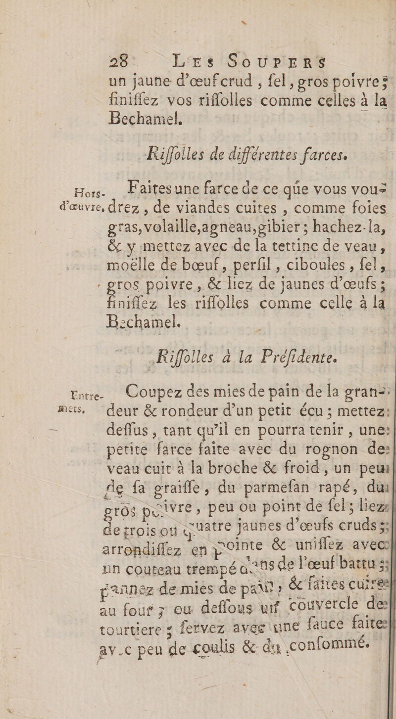» 26 L:Ers 096 DrIERS un jaune d'œufcrud , fel, gros poivre à finiflez vos riflolles comme celles à la Bechamel, | 2e Riffolles de différentes farces. Hors. Faites une farce de ce qüe vous vouz d'œuvre, drez , de viandes cuites , comme foies gras, volaille,agneau, gibier ; hachez-la, &amp; y mettez avec de la tettine de veau, moëlle de bœuf, perfil, ciboules , fel, . gros poivre, &amp; liez de jaunes d'œufs; finiflez les riflolles comme celle à la Bechamel. ù | Riffolles à la Préfidente. Entre Coupez des mies de pain de la gran<: mas, deur &amp; rondeur d’un petit écu ; mettez:| deflus , tant qu’il en pourra tenir , une:| petite farce faite avec du rognon de:| veau cuit à la broche &amp; froid , un pew| de fa graïffe, du parmefan rapé, duil gros poivre, peu où point de fe; lieze| de rrois ou cuatre jaunes d'œufs cruds 5; arrondiflez en jOinte &amp; uniflez avec} eau trempé à.°n5 de l'œuf'batewsil un couteau tfempé Q.'A3 CE * QT PAPE Sal pranez de mies de pal? êc Taités cuir au four ; ou deffous uf Couvercle del tourtiere ; fervez ave une fauce faite} av.c peu de coulis &amp;- dx confommé.