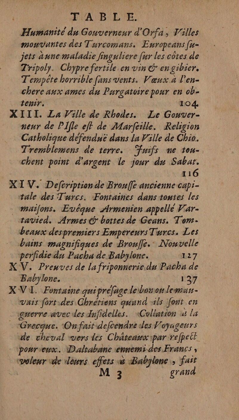 TVA BL. Humanité du Gouverneur d'Orfa, W'illes monvantes des Turcomans. Enropeans [u- jets aune maladie finguliere [ur les côtes de Tripoly. Chypre fertile en vin &amp; en gibier. Tempête horrible fans vents. Vœux à l’en- chere aux ames du Purgatuire pour en ob- tenir. 104 XIII. La Ville de Rhodes. Le Gonver- neur de PIfle ejt de Marfeille. Religion Catholique défendue dans la Ville de Chio. Tremblemens de terre. Fuifs ne tou- chent point d'argent le jour du Sabat. 116 XIV. Defcriptionde Bronffe ancienne capi- tale des Turcs. ‘Fontaines dans toutes les _maifons. Evêque Armenien appellé Var- tavied. Armes @ bottes de Geans. Tom- beaux despremiers Empereurs Turcs. Les bains magnifiques de Broujfe.: Nouvelle perfidie du Pacha de Babylone. m7 XV. Prenves de la friponnerie du Pacha de Babylone. | 1237 X VI. Fontaine quiprejugeleibor.onleman vais fort.des Chrétiens quand ils font en guerre avec des Enfidelles. :Collation à La _Grecque. Onfartdefcendre des Voyugeurs de cheval vuers des Châteamx par refpect ponr'eux. Daltabane ennemi-des Francs ; «voleur vde ‘lèwrs effets «0 Babylone, fait