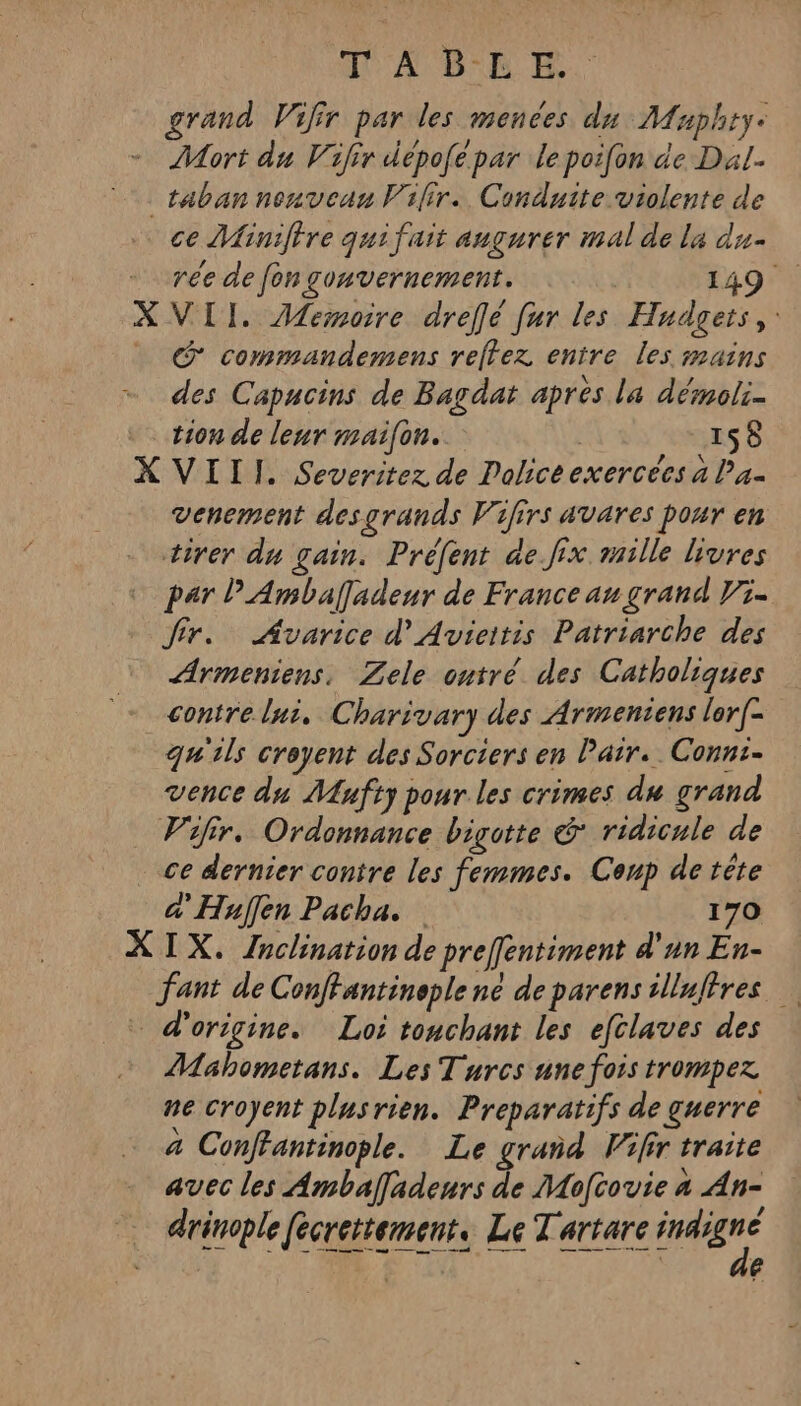 AA DE HR. grand Vifir par les menées du Maphty. Mort du Vifir depofe par le poifon de Dal. _taban nouveau Vilir. Conduite violente de ce Miniffre qui fait angurer mal de la du + rée de fon gouvernement. 149 XVII. Memoire dreflé fur les Hudgets,: G commandemens relfez entre les mains des Capucins de Bagdat après la démoli. tion de leur maifon. 158 X VIII. Severitez de Policeexercées a Pa- venement desgrands Vifirs avares pour en tirer du gain. Préfent de.fix mille livres par PAmballadenr de France au grand V5 fir.. ÆAvarice d'Avieitis Patriarche des Armeniens, Zele ontré des Catholiques contre lui. Charivary des Armeniens lor[- qu'ils creyent des Sorciers en Pair. Conni- vence du Mufty pour les crimes du grand Vifir. Ordonnance bigotte @' ridicule de ce dernier contre les femmes. Conp de tête a'Huffen Pacha. 170 XIX. Znclination de preffentiment d'un En- fant de Conffantinoplené de parens illuffres d’origine. Loi touchant les efclaves des Mahometans. Les Turcs une fois trompez ne croyent plusrien. Preparatifs de guerre à Conffantinople. Le grand Wir traite avec les Ambaladeurs de Mofcovie a An- drinople fécrettement. Le Tartare ere ê