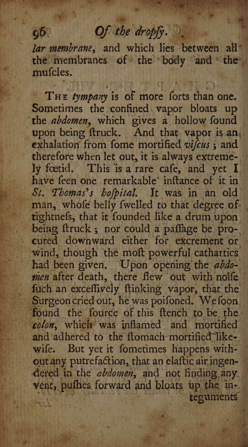 | 6p j | of A Vol: 3M» , —.. Jar membrane, and which lies between all’ |. thé membranes of’ the body. and ope ^o mufcles. i. ae. Tus tympany is of more forts than one. 7 Sometimes the confined. vapor bloats up . (the abdomen, which gives a. hollow found upon being ftruck. And that. vapor is an, Ls exhalation from fome mortified vifcus ; and — -. -— therefore when let out, it is always extreme- ly foctid. ‘This isa rare cafe, and yet I have feen one remarkable’ inftance of it in _ St. Thomas's hofpital. It was in an old _ man, whofe belly {welled to that degree of. . -—. tightnefs, that it founded like a drum upon. P being {truck ; nor could a paflage be jpro-,. s cured downward either for excrement or -.. wind, though the moft powerful cathartics E^ had been given. Upon opening the ado- - ^ uen after death, there flew out with noife © füch an exceffively. ftinking vapor, that the - Surgeon cried out, he was poifoned. Wefoon. - found the fource of this. ftench to be, the. . eom, which was inflamed and mortified —. ahd adhered to the ftomach mortified like-. — wife. But yet it fometimes happens with- BE outány putrefaction, that an elaftic air ingen- - E dered i An the abdomen, and not finding EY. : | Yen pulties forward and bloats üp. n: in- , E) egi ments | ; a