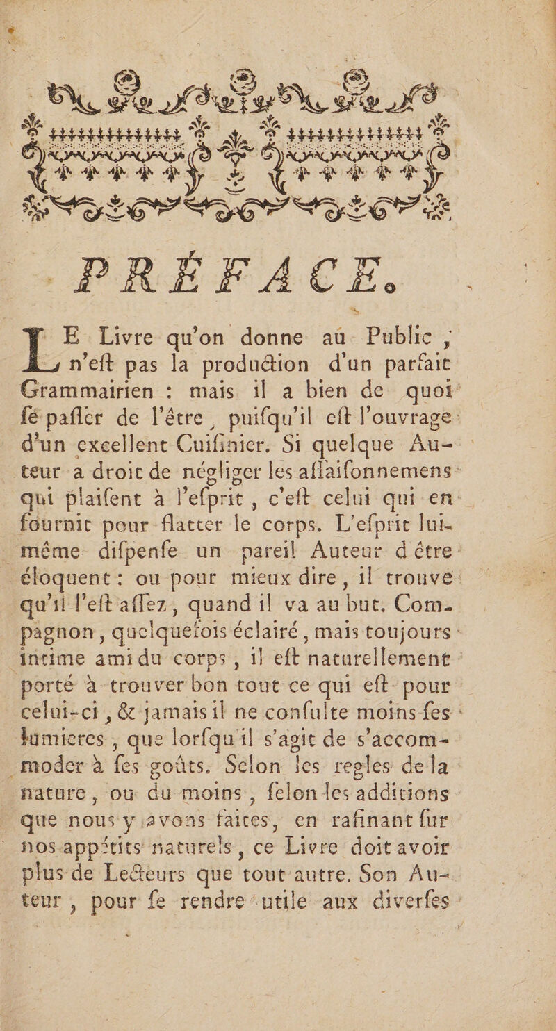 7e! + UT. au ed Ye A PNA R ( DUR FRTEF SSD LORS SEC EE PRÉFAC Ë : ) Livre qu'on donne au Paie S n’eft pas la pro odudion d’un parfait (e) \ fournit pour flatter le corps. L’efprit lui qu'il left affez, quand il va au Dur Con porté à trouver bon tout ce qui eft pour Miss ; que lorfqu il s'agit de s’accom- (e) que nous yavons faites, en rafinant fur nos-appitits naturels, ce Livre doit avoir plus de Lefeurs que tout autre. Son Au-