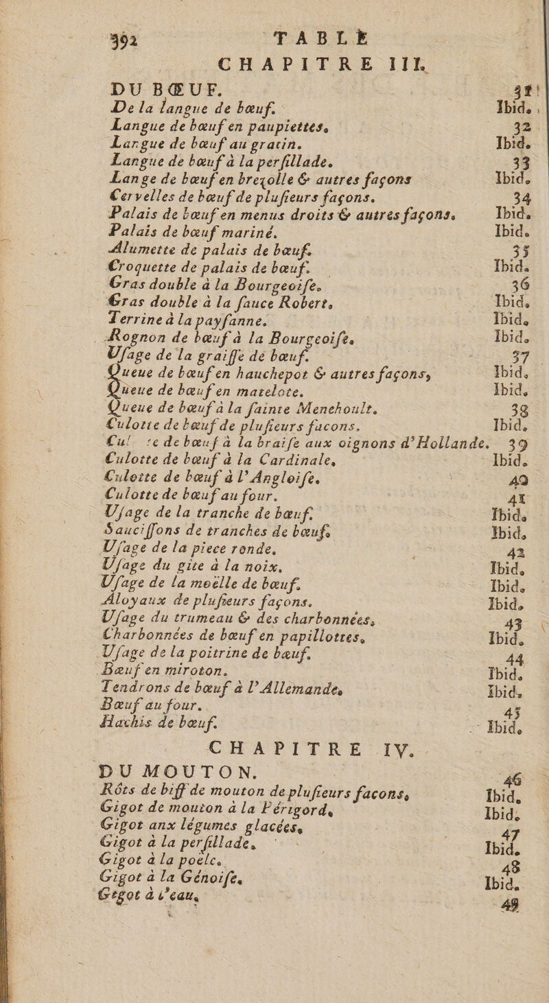 7 CHAPITRE IIE DU BŒUF. Langue de bœuf en paupiettes, Largue de bœuf au gratin. Langue de bœuf à La perfillade. Lange de bœuf en breyolle &amp; autres façons Cervelles de bœuf de plufieurs façons. Palais de bœuf mariné. Alumette de palais de bœuf. Croquette de palais de bœuf. Gras double à la Bourgeoife. Gras double à la fauce Roberr, Terrine à La payfanne. Rognon de bœuf à la Bourgeoife. Ufage de la graiffe dé bœuf. | Que de bœufen hauchepot &amp; autres façons, eue de bœuf en marelote. Queue de bœuf à la fainte Menehoulr. £ulotie de bœuf de plufieurs facons. Culotte de bœuf à la Cardinale, Culotte de bœuf à l’Angloife. Culotte de bœuf au four. U//age de la tranche de bœuf. Sauciffons de tranches de bœuf, Ujage de la piece ronde. T/fage du gite à la noix, Ufage de la moëlle de bœuf. Aloyaux de plufieurs façons. Ujage du trumeau &amp; des charbonnées, Charbonnées de bœuf en papillotres, Vfage de la poitrine de bauf. Baæuf en miroton. Tendrons de bœuf à l’ Allemande, Baœuf au four. Hachis de bœuf. CHAPITRE IV. Gigot de mouton à la Périgord, Gigot anx légumes glacées, Gigot à la perfillade, Gigot à la poele. Gigot à la Génoife, Gigot à l’eau, 31! |