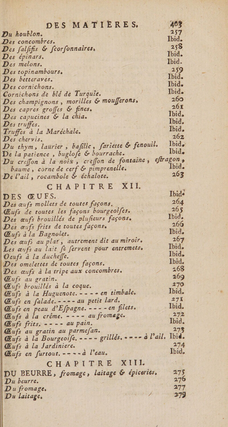 Du houblon. 2 Des concombres. Ibid. Des falfifis &amp; fcorfonnaires, 258 Des fe feorf Ibid. Des melons. Ibid. Des topinambours, 259 Des betteraves. Ibid. Des cornichons. Ibid. Cornichons de blé de Turquie. Ibid. Des champignons , morilles &amp; moufferons, 260 Des capres groffes 6 fines. 26€ Des one FE la de s JIbid, Des truffes. Ibid. Truffes à la Maréchale. Ibid, Des chervis. 262 Du thym, laurier , bafilic, fariérte &amp; fenouil, Ibide De La patience , buglofe &amp; bourrache. Ibide Du creffon à la noix, creffon de fontaine ; om baume, corne de cerf € pimprenelle. id De l'ail, rocambole &amp; échalote. | 263 CHAPITRE XII. DES ŒUFS. | Ihide Des œufs mollers de toutes façons. 264 Œufs de toutes les façons bourgeoifes. ..: 265 Des œufs brouillés de plufieurs façons. Ibid, Des œufs frits de toutes façons. 268 Œufs à la Bagnolet. Ibid. Des œufs au plat, autrement dit au miroir, _ 267 Les œufs au laït fe fervent pour entremetse Ibid, Oeufs à La ducheffe. Ibid, Des omelettes de toutes façons. Ibid. Des œufs à la tripe aux concombres. 168 Œufs au gratin. | 269 Œufs brouillés à la coque. : 270 |Œufs à la Huguenote. ---- en timbale, Ibid. | Œufs en falade.---- au petit lard. 274 | Œufs en peau d’Efpagne. ----en filets. Ibid. |Œufs à la crême. ---- au fromage. 272 |Œufs frits. ---- au pain. Ibid. |Œufs au gratin au parmefan. 27% | Œufs à la Bourgeoife. ---- grillés, ==» à l'ail, Ibid. |Œufs à la Jardiniere 274 |Œufs en furtout. ----4à l’eau. Ibid. | CHAPITRE XIII [DU BEURRE, fromage, laitage &amp; épicertes, 275 Du beurre. À 276 D u fromage, 277 Du laitage, été 279