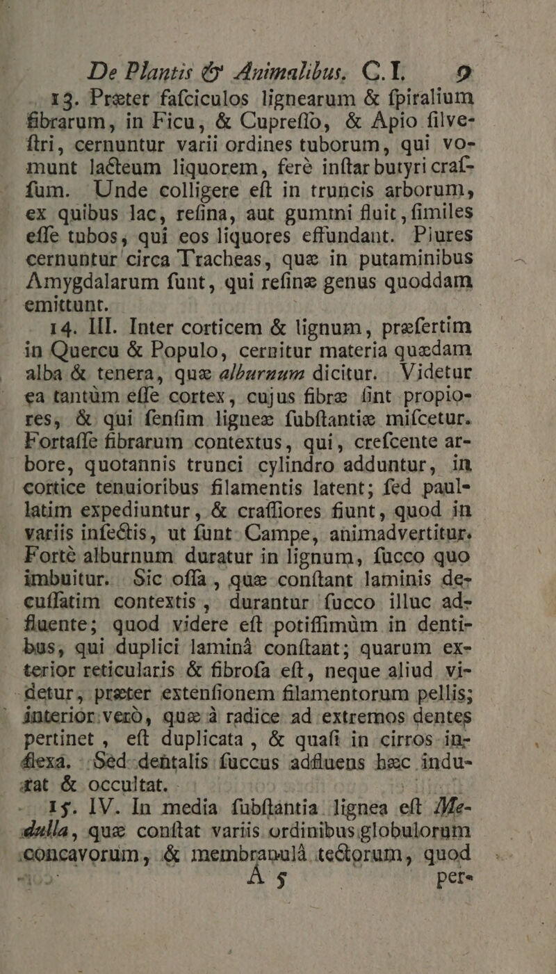 ..X3. Pr&amp;tet fafciculos lignearum &amp; fpiralium fibrarum, in Ficu, &amp; Cuprefío, &amp; Apio filve- flri, cernuntur varii ordines tuborum, qui vo- munt lacteum liquorem, fere inftar butyri craf- ífum. Unde colligere eft in truncis arborum, ex quibus lac, refina, aut gummi fluit , fimiles effe tubos, qui eos liquores effundant. Pijures cernuntur circa Tracheas, que in putaminibus Amygdalarum funt, qui refine genus quoddam emittunt. 14. III. Inter corticem &amp; lignum, praefertim in Quercu &amp; Populo, cernitur materia quedam alba &amp; tenera, que a/Purzzm dicitur. | Videtur ea tantüm effe cortex, cujus fibre ünt propio- res, &amp; qui fenfim lignes fubftantie miícetur. Fortafle fibrarum contextus, qui, crefcente ar- bore, quotannis trunci cylindro adduntur, in cortice tenuioribus filamentis latent; fed paul- latim expediuntur, &amp; craffiores fiunt, quod in variis infectis, ut fünt- Campe, animadvertitur. Forté alburnum duratur in lignum, fücco quo imbuitur. Sic ofía, que conítant laminis de- cuíffatim contextis, durantur fucco illuc ad- » fluente; quod videre eft potiffimüm in denti- bus, qui duplici laminà conítant; quarum ex- terior reticulatis &amp; fibrofa eft, neque aliud. vi- -detur, preter extenfionem filamentorum pellis; ' jnterior:veroó, qua à radice ad extremos dentes pertinet , eft duplicata , &amp; quafi in cirros in- 4lexa. Sed -dehtalis fuccus adfluens hec indu- xat &amp; occultat. - VM perti 15. IV. In media fubfílantia lignea eft 7Me- :xiulla, qux conítat variis ordinibusglobulorum :concavorum, .&amp; [vU Qni iori: quod i02: $ | pere