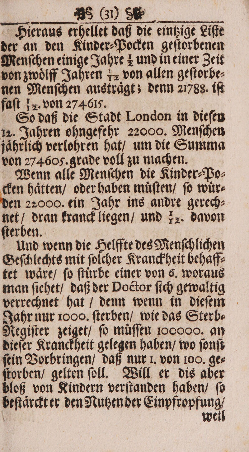 Hieraus erhellet daß die eintzige Liſte der an den Kinder⸗Pocken geſtorbenen Menſchen einige Jahre und in einer Zeit von zwoͤlff Jahren 1 von allen geſtorbe⸗ nen Menſchen austraͤgt; denn 21788. iſt faft 12. von 274615. So daß die Stadt London in dieſen 12. Jahren ohngefehr 22000. Menſchen jaͤhrlich verlohren hat / um die Summa von 274605. grade voll zu machen. Wenn alle Menſchen die Kinder⸗Po⸗ cken haͤtten / oder haben muͤſten / ſo wuͤr⸗ en 22000. ein Jahr ins andre gerech⸗ net / dran kranck liegen / und z. davon ſterben. Und wenn die Helffte des Menſchlichen Geſchlechts mit ſolcher Kranckheit behaff⸗ tet waͤre / fo ſtuͤrbe einer von 6. woraus man ſiehet / daß der Doctor ſich gewaltig verrechnet hat / denn wenn in dieſem Jahr nur 1000. ſterben / wie das Sterb⸗ Regiſter zeiget / fo muͤſſen 100000. an dieſer Kranckheit gelegen haben / wo ſonſt fein Vorbringen / daß nur 1. von 100. ges ſtorben / gelten ſoll. Will er dis aber bloß von Kindern verſtanden haben / ſo beſtaͤrckt er den Nutzen der Einprtopfung, \ we