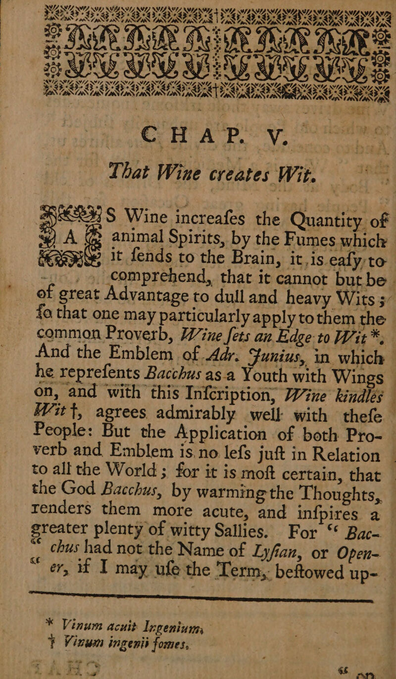 ie NANA IRIN Men? Seb S That Wine creates Wit. A animal Spirits, by the Fumes which -, : comprehend, that it cannot but be | of great Advantage to dull and heavy Wits 5 fa that one may particularly apply tothem the common Proverb, Wine fets an Edge: to Wit. And the Emblem of Adr. Gunius, in which | he reprefents Bacchus as a Youth with Wings . on, and with this Infcription, Wine kndles Witt, agrees admirably well with thefe People: But the Application of both Pro- verb and Emblem is, no lefs juft in Relation : to all the World ; for it is moft certain, that | the God Bacchus, by warming the Thoughts, renders them more acute, and infpires a greater plenty of witty Sallies. For “ Bac- “ chus had not the Name of Lyfian, or Open- “er, if T may ufe the Term, beftowed up- arm nnnne, * Vinum acuit Ingenium, ¥ Vivum ingenii fomes,