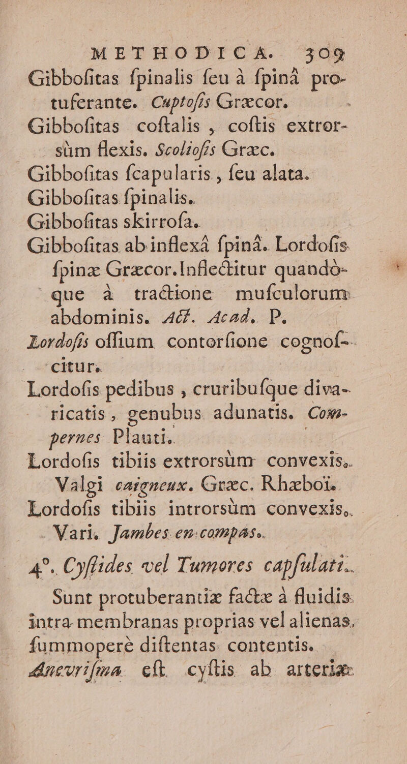 Gibbofitas fpinalis feu à fpinà pro- tuferante. Cuptof/s Graecor. Gibbofitas coftalis , coftis extror- — süm flexis. $co/zofs Grac. Gibbofitas fcapularis , feu alata. Gibbofitas fpinalis.. Gibbofitas skirrofa. Gibbofitas ab inflexà fpinà. locat I$ fpina: ( Grzcor.Infledtitur quandó- que à tracione mufculorum abdominis. Ad. Acad. P. Lordofís offium. contorfione cognof-- citur. Lordofis pedibus , cruribuíque diva- ricatis, genubus adunatis. Coi- ernes Plauti. Lordofis tibiis extrorsüm convexis, Valgi car eneux. Graec. Rhzboi. Lordofis tibiis introrsüm convexis, Vari. Jambes en-compas.. 4?.. Cyflides el Tumores. capfulati.. Sunt protuberantiz factx à fluidis. intra membranas proprias vel alienas, fummopere diftentas. contentis. 4uevrifma eft cyfüs ab arteria: