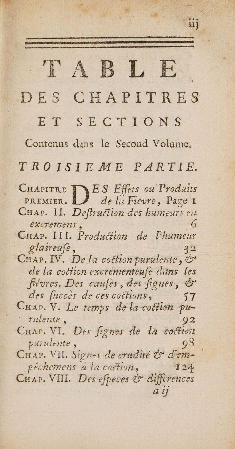 TABLE HU SECTIONS Contenus dans le Second Volume. PROËSSIEME PARMIINE: CHAPITRE 17 Effets ou Produits PREMIER. de la Fiévre, Page 1 Cuar. IL. Defruction des humeurs er EXCTEMENS , | Car. III. Produétion de der glatreufe, Cuap.IV. De la coéhion purulente, Es de la cotfion excrémenteufe dans les févres. Des caufes, des fignes, © des fuccès de ces cottions, 4 CHap. V. Le temps de la coëtion pu- Pine . 92 Cuar. VI. Des fignes de la cofhon purulente , 98. Cuar. VIL Signes de crudité © d'em- péchemens a la coton, 124 Cuar. VIIL Des efpeces Ë* différences 41]