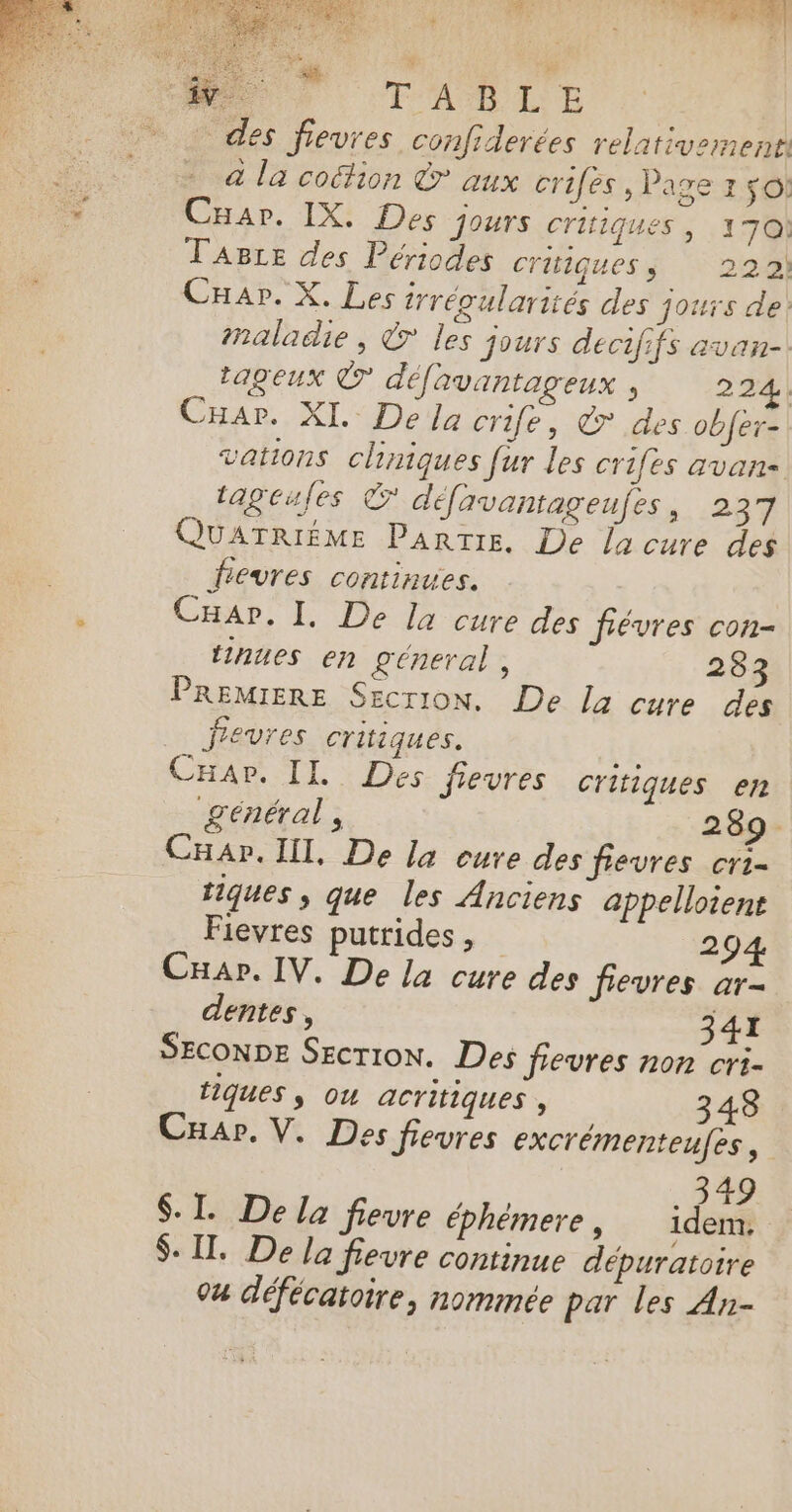 =. FÉES. des fievres confiderées relativement. a la coëfion © aux crifes , Page 1 so: CHar. IX. Des jours Critiques | 170 Tage des Périodes critiques 220] CHap. X. Les irrévularités des jours de: maladie, © les jours decififs avan-. tageux © défavantageux , 224 CHar. XI. De la crife, &amp; des obfer- vations cliniques fur les crifes avan tageufes © défavantageufes, 237 QUATRIÉME PARTIE, De la cure des fevres continues. CHar. I. De la cure des fiévres con- tinues en géneral , 283 PREMIERE SEcrion. De la cure des Jrevres critiques. CHar. IL Des fievres critiques en général, 289. CHap. Il, De la cure des fevres cri- tiques, que les Anciens appelloient Fievres putrides, 294 Cuapr. IV. De la cure des fievres ar- dentes, 341 SECONDE SECTION. Des fievres non cri- tiques , ou acritiques , 348 Car. V. Des fievres excrémenteufes, 319 SI. De la fievre éphémere, idenr, $. II. De la fievre continue dépuratoire Ou défécatoire, nommée par les An-