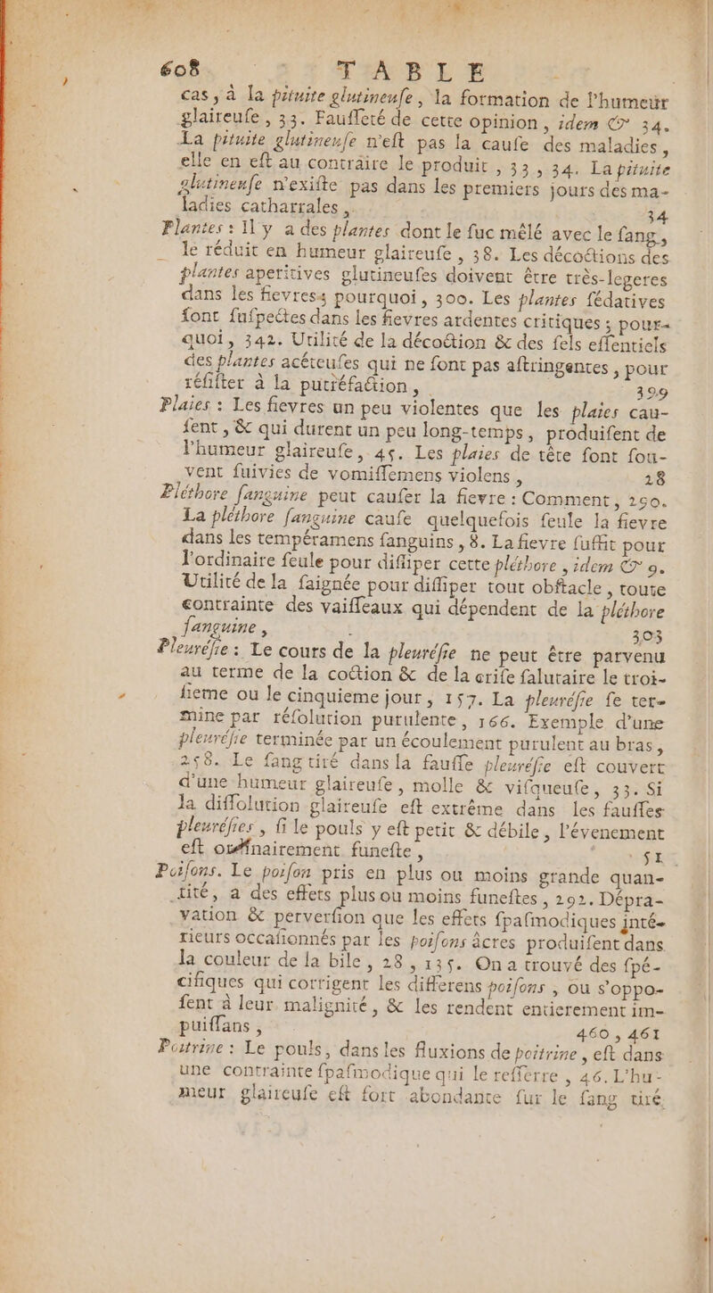 La pituite glutineufe w'eft pas la caufe des maladies, elle en eft au contraire le produit , 33 34. Lapituite 2litinenfe wexifte pas dans les premiers jours des ma- ladies catharrales .. 34 le réduit en humeur glaireufe , 38. Les déco@ions des plantes aperitives glutineufes doivent être très-legeres dans les fievress pourquoi, 300. Les plantes fédatives font fufpectes dans les fevres ardentes critiques ; pOur quoi, 342. Utilité de la décoétion &amp; des fels effenriels des plantes acéteufes qui ne font pas aftringentes , pour téfifter à la putréfattion, | 39. fent , &amp; qui durent un peu long-temps, produifent de l'humeur glaireufe, 45. Les plaies de tête font fou- vent fuivies de vomifflemens violens, 18 La pléthore fanguine caufe quelquefois feule la fevre dans les tempéramens fanguins , 8. La fievre fufit pour l'ordinaire feule pour difliper cette pléthore , idem € 9. Utilité de la faignée pour difiper tout obftacle , toute contrainte des vaifleaux qui dépendent de la pléthore fançuine , 1 303 1: Le cours de la pleuréfe ne peut être parvenu au terme de la cottion &amp; de la crife falutaire le troi- fieme ou le cinquieme jour, 157. La tleuréfie fe ter- mine par réfolution purulente, 166. Exemple d’une pleuréfie terminée par un écoulement purulent au bras, 258. Le fangtiré dans la fauffe pleuréfe eft couvert d'une humeur glaireufe, molle &amp; vifqueute, 33. Si Ja diffolution glaireufe eft extrême dans les faufles pleuréfres , fi le pouls y eft petit &amp; débile ; l'évenement eft ofnairement funefte, ARE tité, a des effets plus ou moins funeftes ; 292. Dépra- ation &amp; perverfion que les effets fpafmodiques inté- rieurs occafionnés par les poifons âcres produifent dans la couleur de la bile, 28,135. On 2 trouvé des fpé- cifiques qui corrigent les différens poifons , ou s’oppo- fent à leur malignité, &amp; les rendent entierement im- puiflans , 460 , 461 une contrainte fpafmodique qui le refferre , 46. L'hu- meur glaireufe eft fort abondante fur le fang tiré.