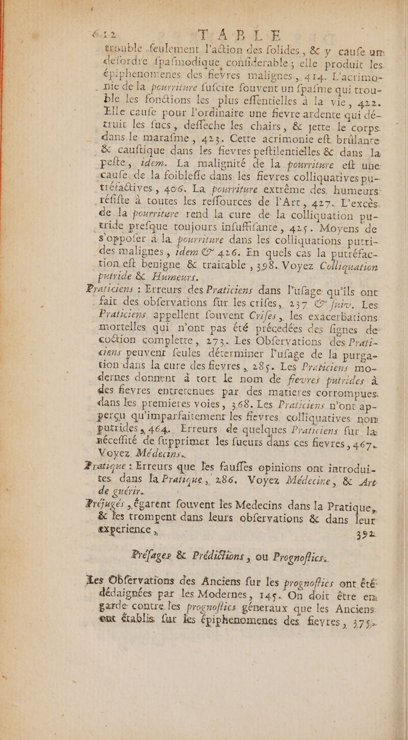 tivuble .feulement lation des folides, &amp; y caufe ur defordre {pafmodique confiderable ; elle produit les. épiphenomenes des fievres malighes.,. 414. L’acrimo- - nié de la pourriture fufcite fouvent un fpafme qui trou- ble les fonétions les plus effentielles à la Viey2422. Elle caufe pour l'ordinaire une fievre ardente qui dé- truit les fucs, deffeche les chairs, &amp; Jette le corps. dans le marafme, 413. Cette acrimonie eft brülanre % cauftique dans les fievres peftilentielles &amp; dans la pefte, idem. La malignité de la pourriture et ube caufe, de la foibleffe dans les fievres colliquatives pu- tréfattives , 406, La pourriture extrême des. humeurs réfifte à toutes les reffources de l'Art, 427. L'excès. de la pourriture rend la cure de la colliquation pu- _tide prefque toujours infuffifanté, 425. Moyens de soppofer à la pourriture dans les colliquations putti- des malignes , idem @° 416. En quels cas la putréfac- | tion eft benigne &amp; traitable , 398. Voyez Co liquation | putride &amp; Humeurs. | Praticiens : Erreurs des Praticiens dans l’ufage qu’ils ont : fait des obfervarions fur les crifes, 237 © fuiu. Les Pratictens appellent fouvent Crifes, les exäcerbations % mortelles qui n’ont pas été précedées des fignes de: à coëtion complette, 273. Les Obfervations des Prati- F siens peuvent feules déterminer l’ufage de la purga- tion dans la cure des fievres, 285. Les Prabiciens mo- dernes donnent à tort le nom de fevre; putrides à. des flevres entretenues par des matieres corrompues, dans les premieres voies, 368.Les Praticiens n’ont ap- perçu qu'imparfaitement les flevres colliquatives nom putrides, 464. Erreurs de RS Praticiens fur la | méceflité de fupprimet les fueurs dans ces fievres , 467. | Voyez Médecins. Pratique : Erreurs que les fauffes opinions ont introdui- tes dans la Prañique, 286, Voyez Médecine, &amp; Are de guérir. ; Préjugés ,Égarent fouvent les Medecins dans la Pratique, &amp; les trompent dans leurs obfervations &amp; dans Jeur experience , 392 Préfages &amp; Prédiftions , ou Prognofhics. Les Obférvations des Anciens fur les prognofics ont Été: dédaignées par les Modernes, 145. On doit être em garde contre les prognoflics géneraux que les Anciens ; ont établis fur les épiphenomenes des fieyres, 375.