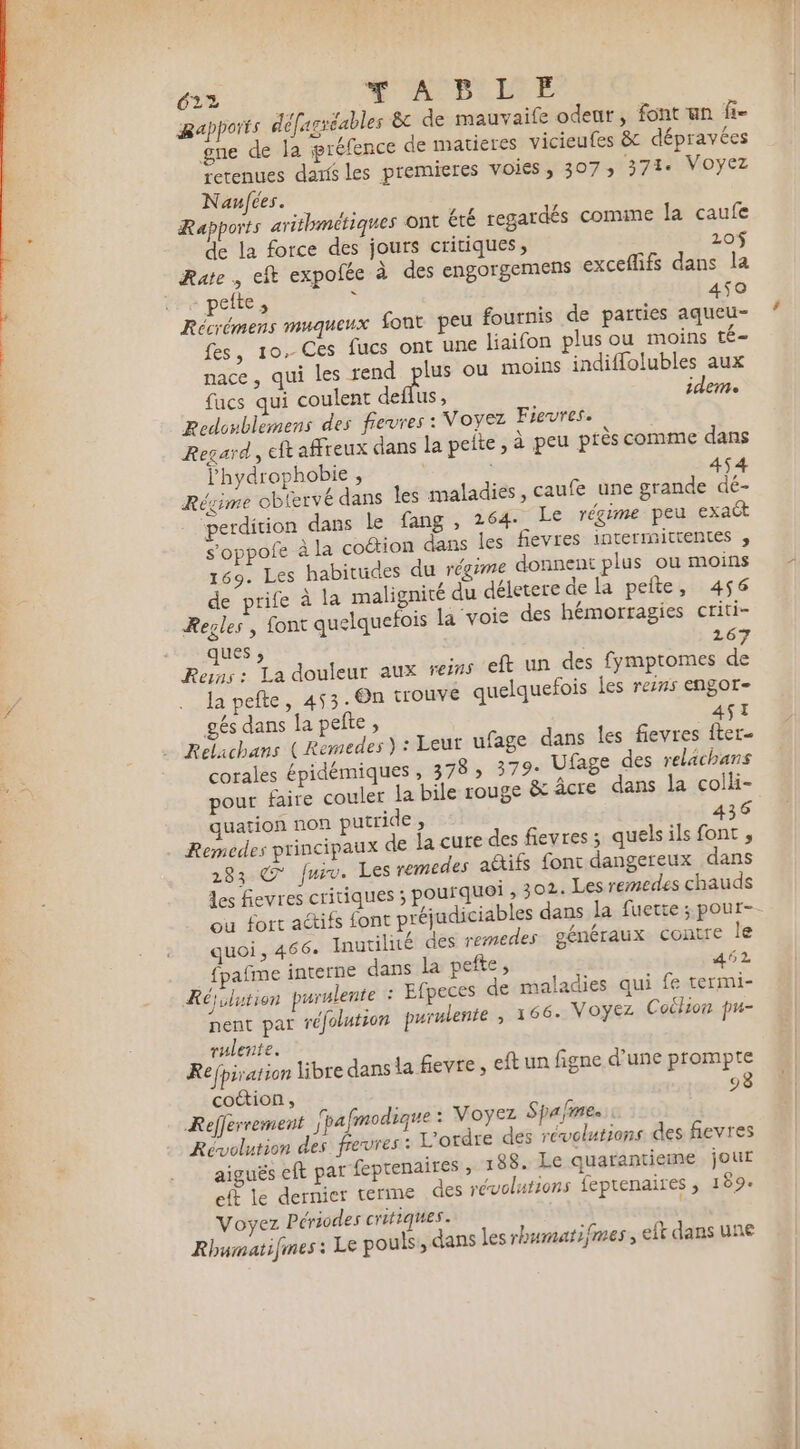 Rapports défagréables &amp; de mauvaife odeur, font un f- gne de la préfence de matieres vicieufes &amp; dépravées retenues dans les premieres voies, 307; 371. Voyez Naulées. Rapports arithmétiques Ont été regardés comme la caufe de la force des jours critiques, 120$ Rate , eft expofée à des engorgemens exceflifs dans la pelte, 450 Récrémens muqueux font peu fournis de parties aqueu- fes, 10, Ces fucs ont une liaifon plus ou moins té- nace, qui les rend plus ou moins indiffolubles aux fucs qui coulent deflus, idem Redowblemens des fevres : Voyez Fievres. Regard, eft affreux dans la pelte, à peu près comme dans lhydrophobie , 454 Régime oblervé dans Îles maladies, caufe une grande dé- perdition dans le fang , 264 Le régime peu exaët s'oppofe à la coction dans les fievres intermitientes , 169. Les habitudes du régime donnent plus ou moins de prife à la malignité du déletere de la peite, 456 Regles, font quelquefois là voie des hémorragies criti- ques ; | 267 Rems: La douleur aux reins eft un des fymptomes de la pefte, 453.@n trouvé quelquefois les reins engor- gés dans la pefte, 4SI Reélichans (Remedes ) : Leur ufage dans les fievres fter- corales épidémiques, 378 &gt; 379: Ufage des relachans pour faire couler la bile rouge &amp; âcre dans la coili- quation non putride , 436 Remedes principaux de la cure des fievres ; quels ils font , 283 C Juiv. Les remedes a&amp;tifs font dangereux dans des fevres critiques ; pourquoi ,302. Les remedes chauds ou fort actifs font préjudiciables dans la fuette ; pour- quoi, 466+ Inutilité des remedes généraux contre le {pafme interne dans la pefte, 462 Réjulution purulente : Efpeces de maladies qui fe termi- nent par réfolution purulente ; 166. Voyez Coihon pu- rulente. Refpiration Hibre dans la fievre, eft un figne d’une prompte coction , 98 Reférrement jpafmodique : Voyez Spafmes Révolution des frevres : L'ordre des révolutions des fievres aiguës eft par feprenaires , 188. Le quarantieme jour ef le dernier terme des révolutions feprenaires , 189« Voyez Périodes critiques. Rhumatifmes : Le pouls, dans lesrbumatifmes, elt dans une