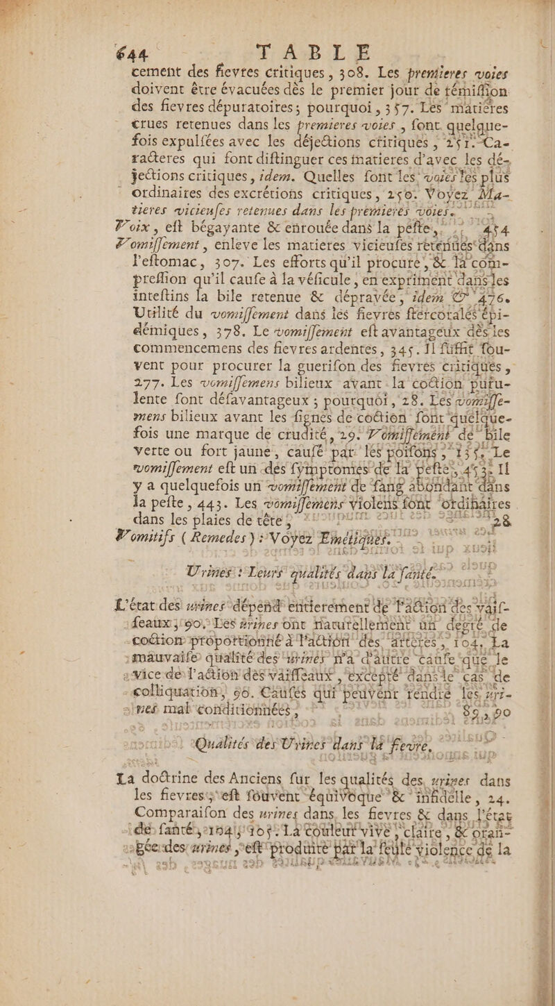 eat TABLE Fa cement des ficyres critiques, 308. Les premieres voies doivent être évacuées dès le premier jour de témiffion des fievres dépuratoires; pourquoi, 357. Les maticres crues retenues dans les premieres voies ; font. quelque- fois expulfées avec les déjeétions cfiriques , 271. Ca- raderes qui font diftinguer ces matieres d'avec les dé- jections critiques, idem. Quelles font les’ vases les plus ordinaires des excrétions critiques, 2ç0. Voyez Ma- tieres vicieufes retenues dans les premieres voies. Foix, eft bégayante &amp; enrouée dans la péfte,. ; 454 Womiffement , enleve les matieres vicieufes réténués dans leftomac, 307. Les efforts qu’il procure , &amp; à com- preflion qu'il caufe à la véficule , en expriment dans les inteftins [a bile retenue &amp; dépravée, idem ©1476. Utilité du vomiffement dans lés fieyres ffércoralés épi- démiques, 378. Le vomiflement eftavantageux dès les commencemens des fievres ardentes, 345.11 füffit fou- vent pour procurer la guerifon des fievres critiques , 277. Les vomiffemens bilieux avant.la coûtion putu- lente font défavantageux ; pourquéi , 28. Les voriffe- mens bilieux avant les fignes de coûion font quélque- fois une marque de crudité, 29. 7/dmifféinént de” bile verte ou fort jaune, caufé par Ié6 pOHONS; 15, Le vomiffement eft un dés fymptromes de AE 45 Il y a quelquefois un vomifflement de fang aB0ndant dans la pefte , 443. Les vémiffemens violens font ‘ordihäires dans les plaies de tété 2 XHMPUNRE en 88 18 28 omitifs ( Remedes) : Voyez Enéliques. - Le Urines:t Leurs qualités das La fente UE L'état des sine dépéñd entierément de lation des vai eaux; So Les 2rines ont riarurellement un degré de -coétion propôttionné à l'action dés arteres, 104. La 1mauvaife qualité des rires na d'autre Taufe ‘que le evice dés l’aétion des vaiffèaux , excepté dansle cas de SU? - De Qualités des Üiires dans La fevre. 7 S QUISUS RE HIIMIOLUE Li LÉ: var à #7 f1S4 12NS:D 2559 Q SAIT « # -colliquation, 56. Crufes qui peuvénr rendre les xrz- à simeñ mal'condidonnéés} 7 777 ‘La 89300 ï \ ” © r$ 2 Len 1f L PNR TT NET US Gigi ARS LAS, LC : = - La doëtrine des Anciens fur les qualités des, sriser dans les fievres:;'eft fouvent équivoque &amp; inhdelle, 24. Comparaifon des wrines dans, les fievres &amp; dans l'étar id fanté,-1541f 09. La touleut vive claire, &amp; fai sBéerdes arènes ‘eft produite pl la filé violence de la UE ab ,vogeurt 29h 49 IRVUEM &lt;25.e GONE . JURUN VIA &amp; nai antats, tn one