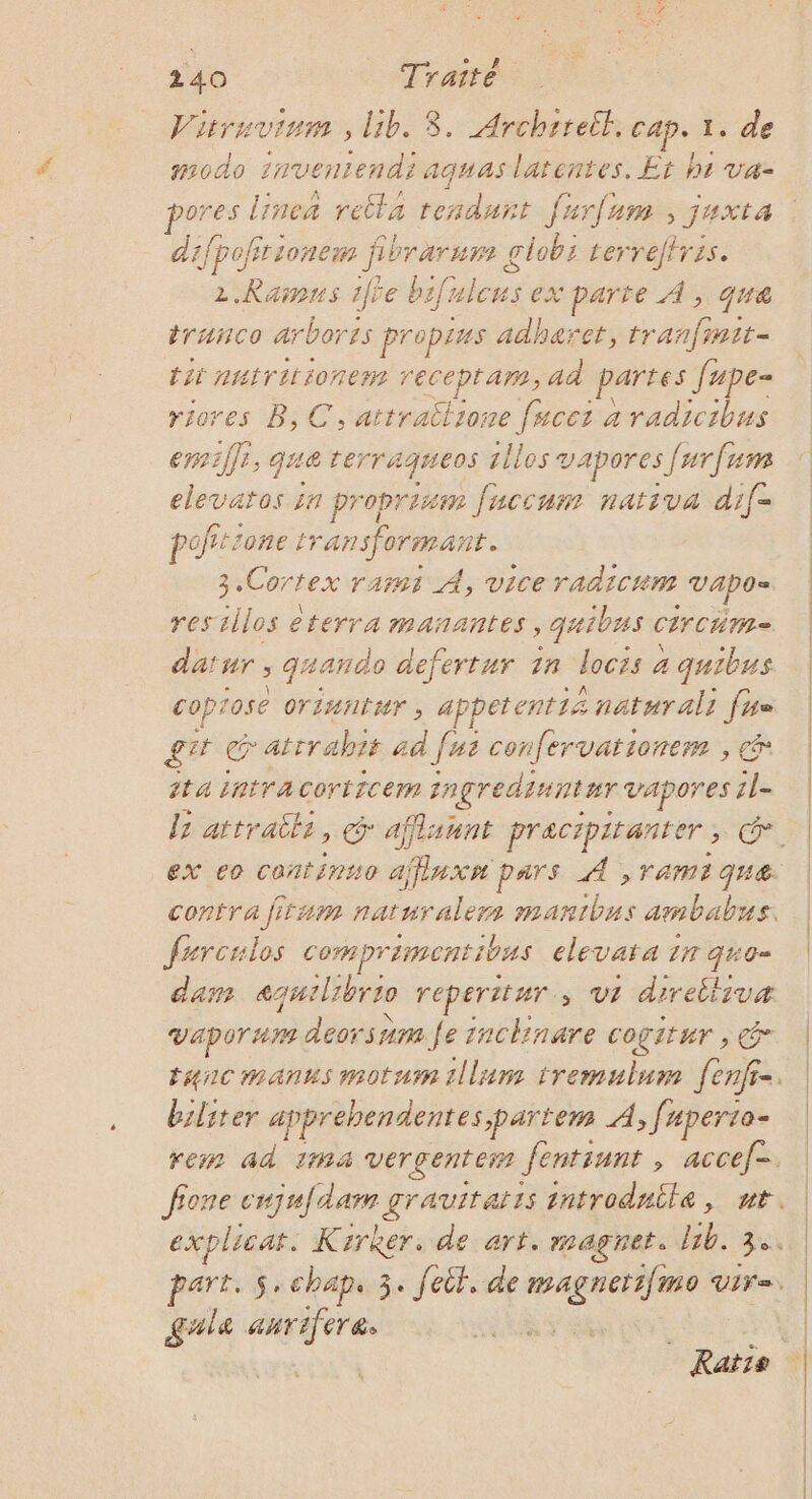 V'irruvinm , lib. S. Archrreét. cap. 1. de modo snventendi aquaslatentes. Et hr va- dif} Jpe Media pen Pr clobz ter reffrz AP 2.Rainns fé 1e bs) v_ ex parte À, qua tranco arborts propius adharct, tranfinit- tir autritionem receptam, 44 partes Jupe riores B,C, attraitione fucct a radicibus emiffi, que ter rAgHe0S silos vapores furfum Fe 10 propres fuccur nativa dif- pofrtione transformant. 3.Cortex ram À, vice radicum | VAPO= resillos eterra manantes, quibus CErCHm= datur, qaando defertur 1n locis a quibus copiose orinntur, appetentis naturali fn» gi C'atrra bis ad Jus confervationem , ta intracorticem 1 grediunter vapores il- ex eo continue ajfiuxm pars À ,ramique contra ani naturalers manibns ambabus. farcalos te a clevata 17 quo= dam equilibrso reperitur vi drreitiva vapor. deorsnm le inchinare cogitur , &amp; tancmannus motum tllum tremulum fenfr-. biliter apprehendentes partem À, fuperie- rem ad ma vergentem fentiunt , accef-. explicat. Kirker. de art. magnet. lib. 30. part. s. chap, 3. Jeit. de En our VIF=. gala a Lite