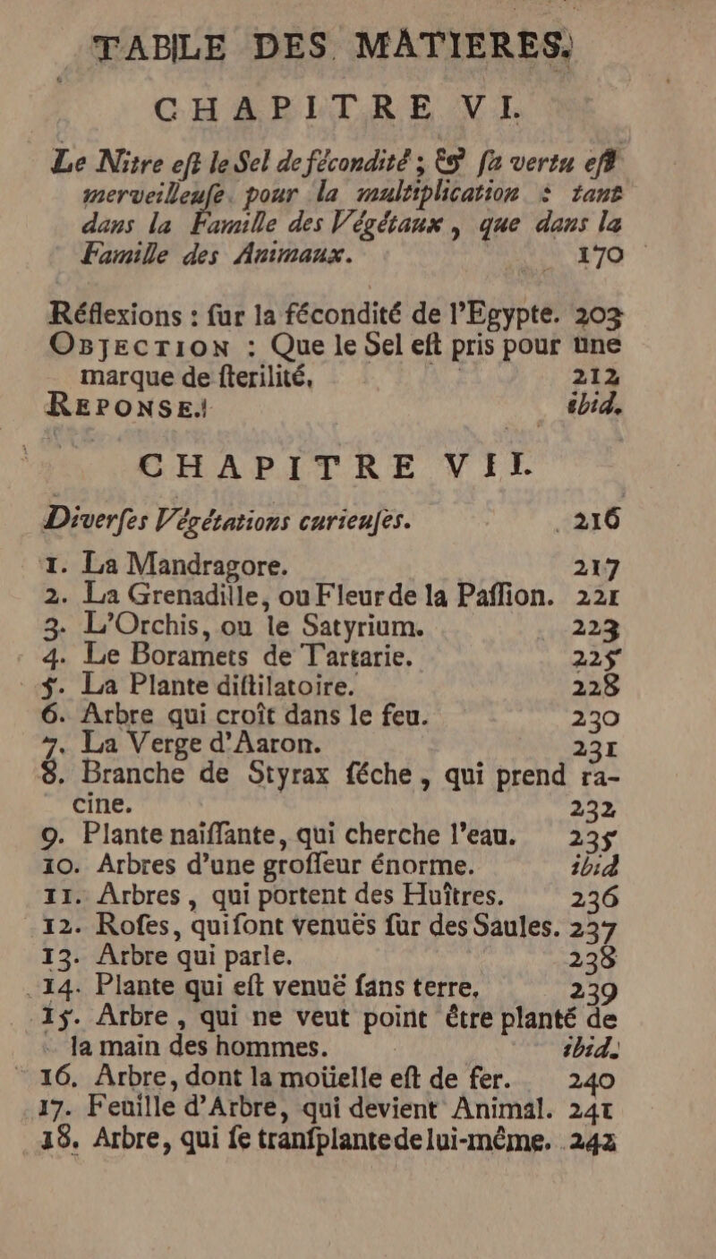 CHAPITRE VI Le Nitre eft le Sel de fécondité ; &S [a vertu ef ns à pour la multiplication © tant dans la Famille des Végétaux, que dans la Famille des Animaux. LUE 71° 2 Réflexions : fur la fécondité de l'Egypte. 203 OgBjEecrion : Que le Sel eft pris pour üne marque de fterilité, 212 REPONSE! . sbid. CHAPITRE VIT Dinverfes Végétations curienfes. 216 Z. La Mandragore. 217 2. La Grenadille, ou Fleurde la Paffion. 22r 3 L’Orchis, ou le Satyrium. 223 4. Le Boramets de T'artarie. 225 .$. La Plante diftilatoire. 228 6. Arbre qui croît dans le feu. 230 7. La Verge d'Aaron. 231 8. Branche de Styrax féche, qui prend ra- cine. 232 9. Plante naïffante, qui cherche l’eau. 23$ 10. Arbres d’une groffeur énorme. ibid 11. Arbres, qui portent des Huîtres. 236 12. Rofes, quifont venuës für des Saules. 237 13. Arbre qui parle. 238 . 14: Plante qui eft venuë fans terre, 239 1$. Arbre, qui ne veut point être planté de la main des hommes. bd. - 16. Arbre, dont la moüelle eft de fer. 240 17. Feuille d’Arbre, qui devient Animal. 24t 18. Arbre, qui fe tranfplantedelui-même. 243