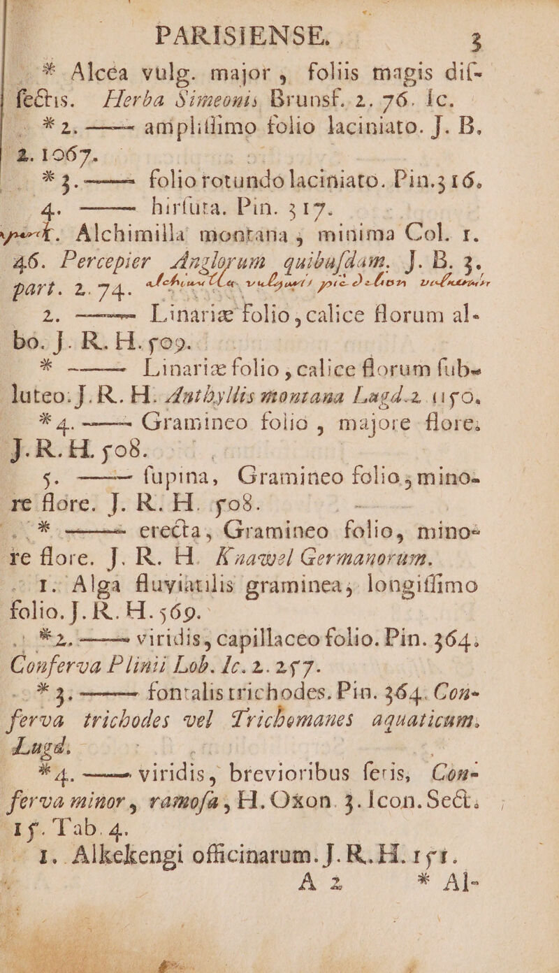 fe&amp;s. Herba o imieonis Brunst..2. 76. 1c. PT aniplillimo folio laciniato. J. B. &amp;. 1067. j 5 | : folio rotundo laciniato. Tidi 16. hirfüta. Pin. 317. we. Alchimilla montana ; minima Col. r. 46. PNpler. P dorum quib&amp;u[dam, J.B. 3 part. 2. 4. M rhe M) ca LAS. T. rue ES. calice florum al- bo. J. R. H. yo». * -—— Lina rise folio ; calice lorum fub- luteo: J. R.. H. Zstbyllis montana Lagd.2 $0. E *4 - Graminco folio , majore flore; J. R. H. 508. $. — — fupina, Gramineo folio ; mino- 1C flore. ]. R. H. $98. T - erecta, Gramineo didigo: mino- e dore J. R. H. Kzaawel Germanoram. - Alga fluyiatilis graminea . longiffimo folio. J. R.. H. $69. TE viridis, capillaceo folio. Pin. 364. Couferva Pini jos Jc.2.24 7. T3 fon:alis trrichodes. Pin. 364. Con- ferva tricbodes vel Trichemanes: aquaticum. du | p o. —— viridis , Breviorflt feris, Con- ES. minor , ramofa , H1. O&amp;on. 3. Icon. Sect. I f. 'T'ab. 4. —— 1. Alkckengi officinarum. J. R. H. 41. * A 2 T As