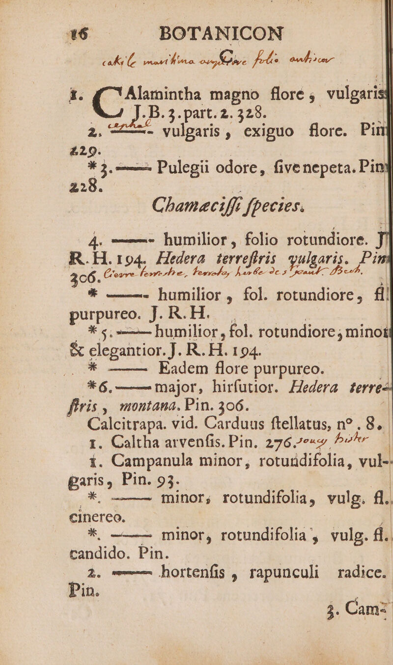 cab mrt o. ap eive. foren omm | Cis magno floré 4 vulgaris] B. 5. part. 2. 328. u rJ EP ini. , exiguo fore. Pim fto. l * 2 —À Pulegii odore, five nepeta. Pi  228. Chamecifft fpecies. 4. ——- humilior, folio rotundiore. JI] R.H.194. Hedera gerrefri yulsaris. Pi ) 3c6. Qoare lom phe, Tosyod, hento-2c 5 pond L5 * - humilior , fol. rotundiore, fl purpureo. J. R.H. * o. humilior , fol. tobindite mii &amp; elegantior. J. R.. H.1 94. mm Eadem flore purpureo. *6,—— major, hirfutior. ZZedera terre- firis ,, montana. Pin. 306. Calcitrapa. vid. Carduus ftellatus, n? . 8... 1. Caltha arvenfis. Pin. 276.7e«w ^-^ — i. Campanula minor, roturdifolia, vul- garis, Pin. 93. * minor, rotundifolia, vulg. f. n cinereo. — minor, rotundifolia , vulg. fl. candido. Pin. 2. ^ hortenfis , rapunculi radice. Pin. EM 5. Camz