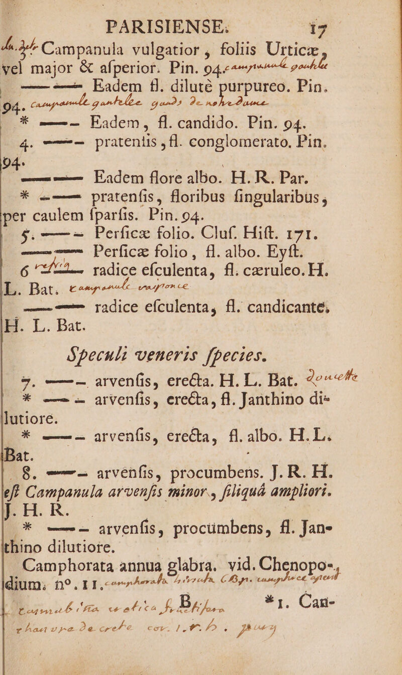 4.34- Campanula vulgatior , foliis Urticze T major &amp; afperior. Pin. 944-47 a, — —— Eadem tl. diluté purpureo. Pin. 94 Capuae e. a a ee o gae 2e Ao hre-Daece- * L—C-— Fadem, fl. candido. Pin. 94. 4. T—- pratentis , fl. conglomerato., Pin. L6) * D E Eadem flore albo. H. R. Par. * l-—— pratenfis, floribus fi ingularibüs ; per ialenh fparfis. Pin. 94. $.——- Perficz folio. Cluf. Hift. 171. —— — Perficz folio, fl. albo. Eyft. 6 3L radice eículenta, fl. caeruleo. H. L. Bat, £«erene omen ee — -— radice eículenta, fl. candicante, B. L. Bat. $peculz veneris fpecies. 9$, —--— arven(is, erecta. H. L.. Bat. donee * ———. arvenfis, erecta, fl. Janthino di* lutiore. * —- arvenfis, erecta, fl. albo. H.L. Bat. 8. ——- arvenfis, procumbens. J. R. H. eff Campanula arvenfis meinor., filiquá ampliori. IRERO- i * ——— arvenfis, procumbens, fl. Jan- thino dilutiore. | 5 Ne Camphorata annua glabra. vi enopo dium; ds: II. Mari ko ve 66 pee. bed L OPES E S Kors . Can- raa zy 2e. cre le Cor. ).*. ^ e quo