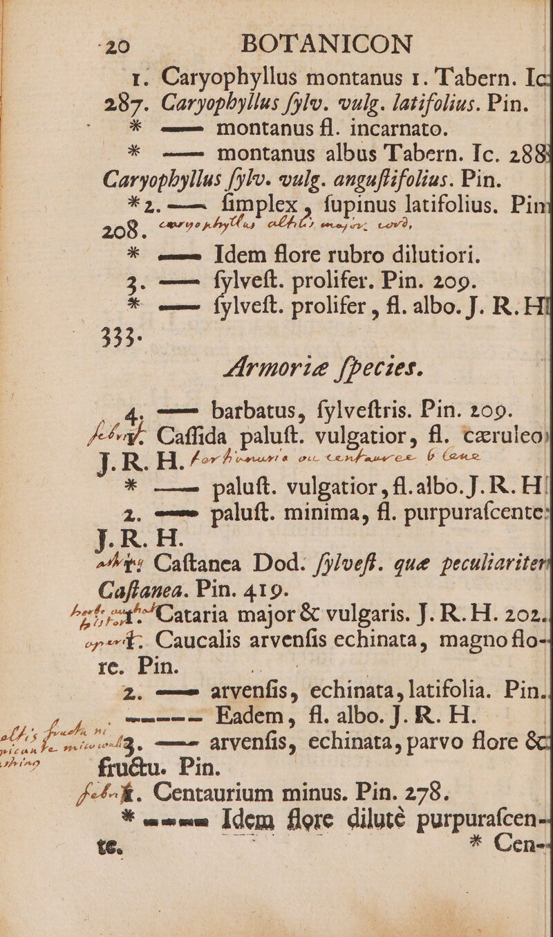r. Caryophyllus montanus r. T'abern. T 287. Caryopbyllus fylv. vulg. latifolius. Pin. ^ * —— montanus fl. incarnato. | * -—— montanus albus Tabern. Ic. 288 : Caryopbyllus fylv. vulg. anguflifolius. Pin. *; —— fimplex , fupinus latifolius. Pin 208. muro phy Ue, aL, t, eec sv; COVÀ, * -— Idem flore rubro dilutiori. 3. — nes prolifer. Pin. 209. * — Íylveft. prolifer , fl. albo. J. R. 335 Zirmorie fbecies. 204, 7 barbatus, fylveftris. Pin. 209. / ^V. Caffida paluft. vulgatior, fl. caeruleo) J. R. H. fov Deut ow Conf aueces- b Ge * —— paluft. vulgatior, fl.albo. J. R. FI! 2. — paluft. minima, fl. purpurafcente: J. R. H. ^t: Cafítanea Dod. /ylvefi. que peculiariter Caflanea. Pin. 419. ^t Cataria major &amp; vulgaris. J. R. H. 202. o» 1.. Caucalis arvenfis echinata, magno flo- re. Pin. DITE | | 2. —— atvenfis, echinata, latifolia. Pin. Ou mmo-- Eadem, fl. albo. J. R. H. ri [3, ——- arvenfis, echinata, parvo flore (dea fru&amp;u. Pin. | f-4^Á. Centaurium minus. Pin. 278. * ew Iden flore diluté purpurafcen te. he. a ^ LÍ * Cen-