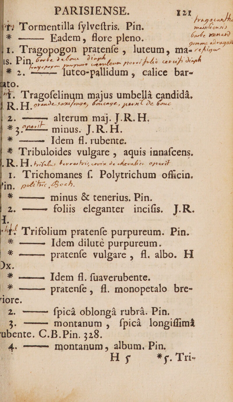 * Eadem, flore pleno. pem m rh pct] i cra Je .——— juteo-pallidum , calice bar- 3 Tragofelingm majus umbellà candidá. o. H. grande sau f nep, Áo cana, ; ase C Oe. rec | 2. ——— alterum maj. J. R. H. * 5 ^ne minus. J. R. H. E Idem fl. rubente. X 'T'ribuloides vulgare ,' aquis innafcens. E HL. ^6odho Ferr hor, rot 9 Mere ne . Trichomanes f. Polytrichum officin. n. «A eee. * minus &amp; tenerius. Pin. . foliis eleganter incifis. J.R. m Trifolium pratenfe purpureum. Pin. E Idem diluté purpureum. n pratenfe vulgare , fl. albo. H ox. Val Idem fl. fuaverubente. E pratenfe ,. fl. rnonopetalo bre- iore. 2. — fpicà oblongà rubrà. Pin. 3. montanum , fpicà longiffimá übente. C.B.Pin. 328. 4. ——— montanum, album. Pin. Hy * j. Tri-