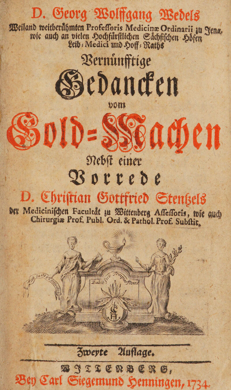 D. Georg Wolffgang Wedels ee; / me weitberuͤhmten Profeſſoris Medicine Ordinarii zu Jen wie auch an vielen Hochfuͤrſtlichen Kahl ben Höfen Jun 5 , Leib⸗Medici und Hoff- R Vernünftige Schenken ene N Nebſt einer . Vorrede D. Chriſtian Gottfried Stentzels 1 Medieinitpen Facultaͤt zu Wittenberg Aſſeſſoris, wie auch e Prof, Publ. Ord. &amp; Pathol. Prof. Subſtit. | Sr u = ER Carl Srgemund a 1734.