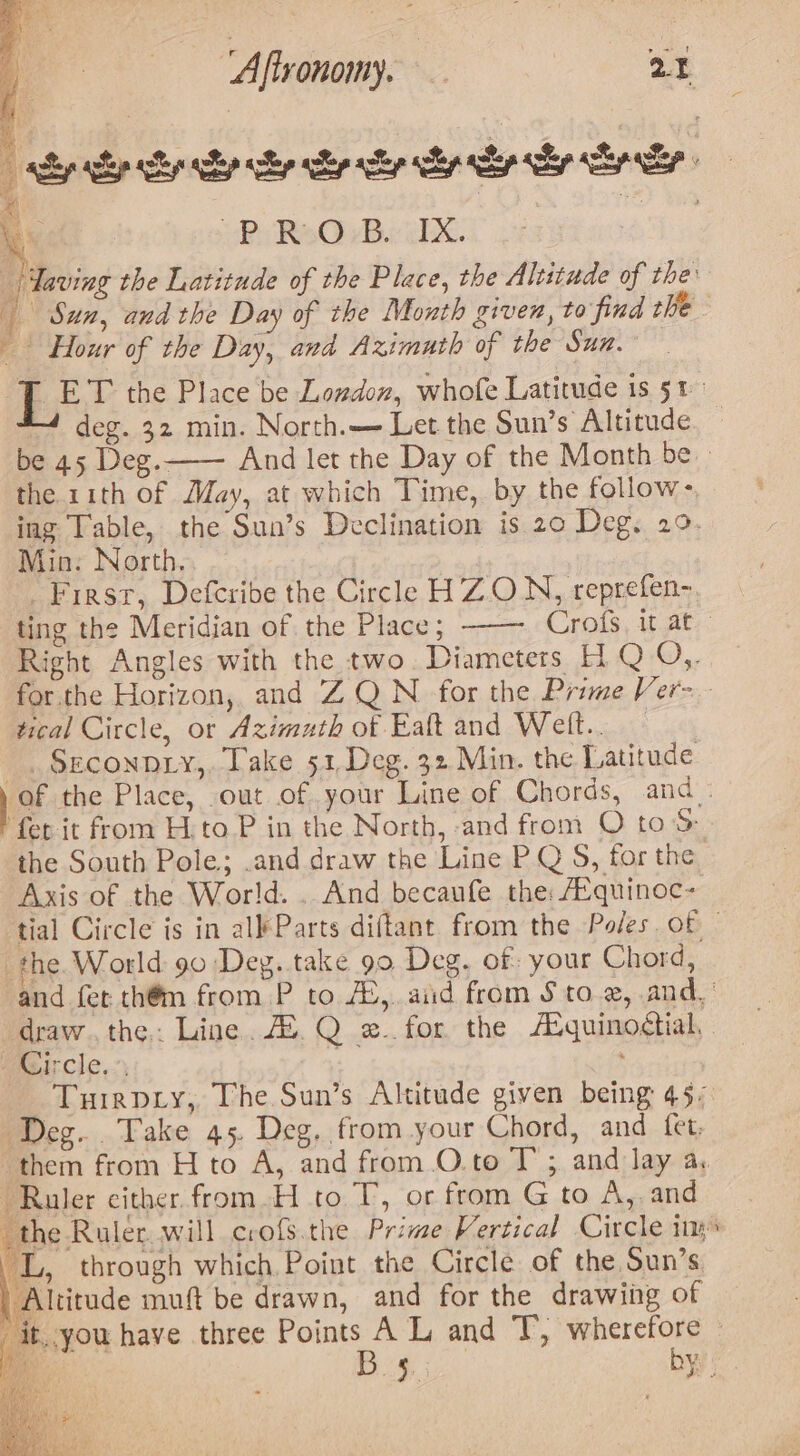 he ty ty re ce i :opRi RaCBegEer es Cre | Sun, and the Day of the Month given, to find the Hour of the Day, and Aximath of the Sun. deg. 32 min. North. Let the Sun’s Altitude be 45 Deg. the 11th of May, at which Time, by the follow - ing Table, the Sun’s Declination is 20 Deg. 29. Min: North. First, Defcribe the Circle HZON, reprefen-. Right Angles with the two. Diameters H Q O,. tical Circle, or Azimuth of Eaft and Wett.. | _Seconnry,, Take 51, Deg. 32 Min. the Latitude the South Pole; .and draw the Line PQ S, for the Axis of the World. . And becaufe the AE quinoc- the World 90 Deg. take 90 Deg. of your Chord, WGircle,., Deg... Take 45. Deg, from your Chord, and fet, -Raler cither.from.H to T, or from G to A, and “L, through which Point the Circle of the Sun’s “Altitude muft be drawn, and for the drawing of ’